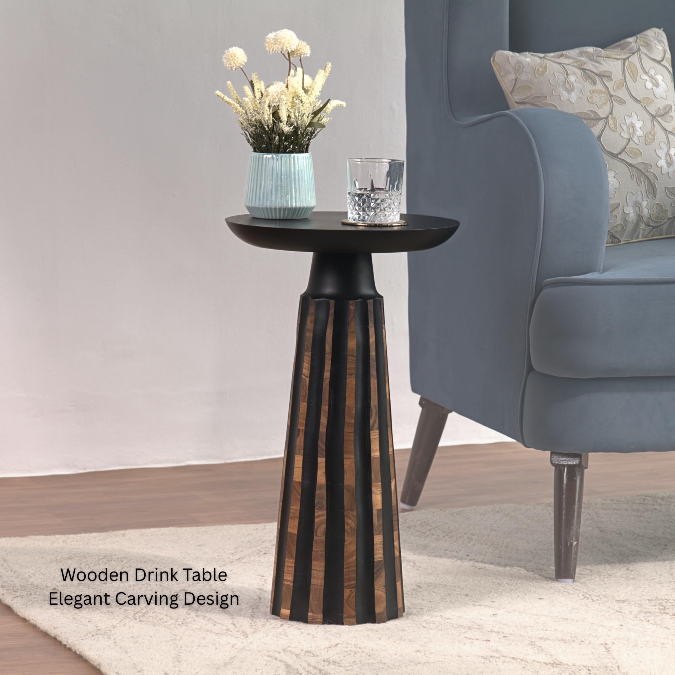 Black & Walnut Wood Drum Pedestal Accent Table