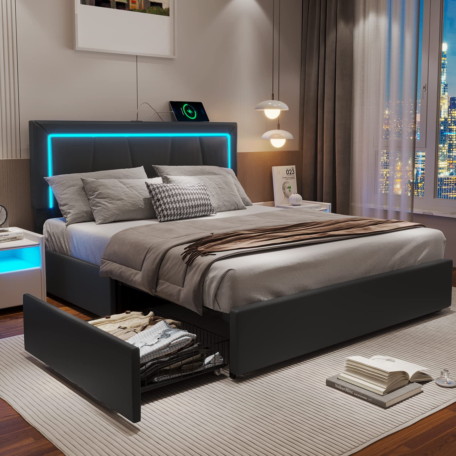 Queen Bed Frame with LED Headboard, Storage Drawers & Charging Station