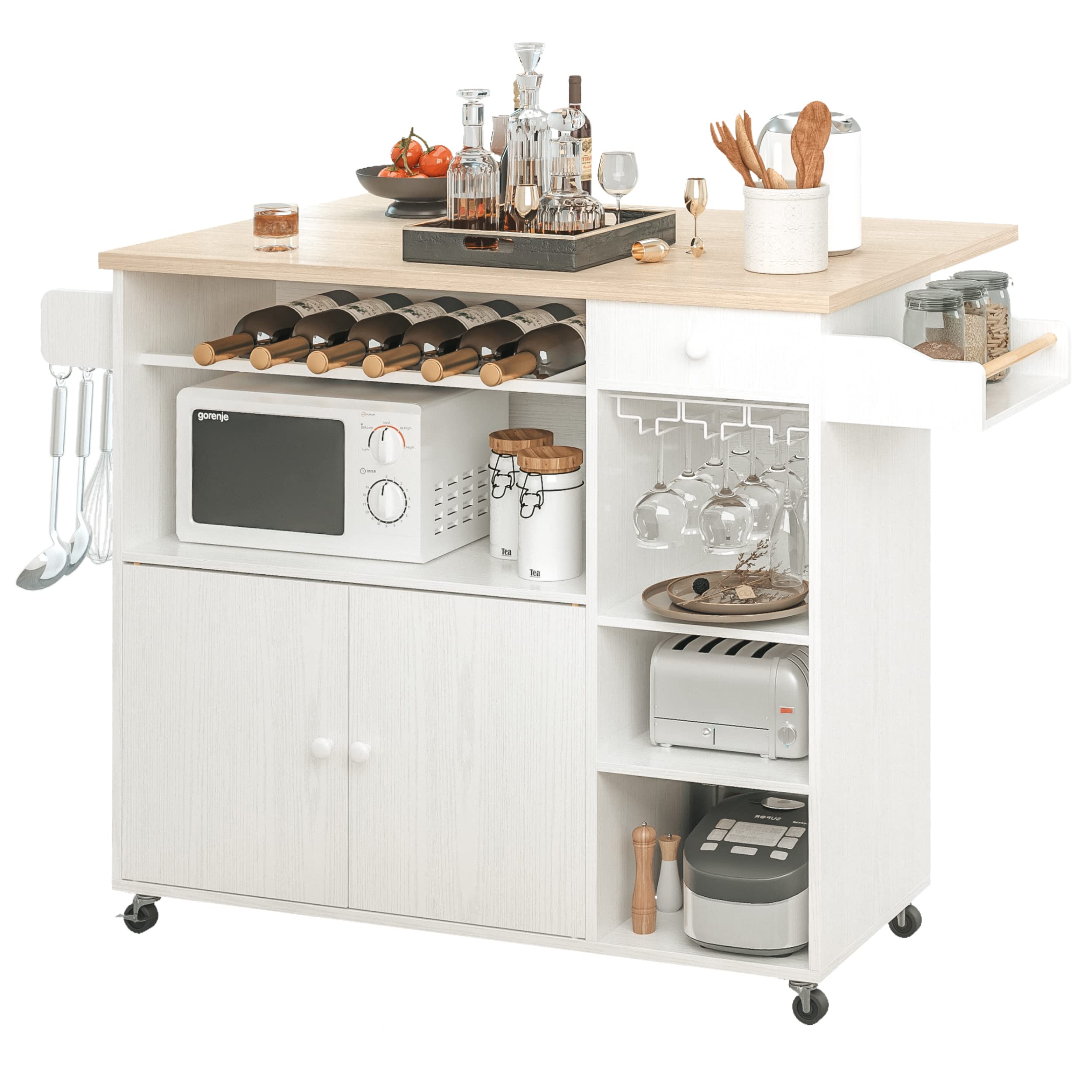 Kitchen Island Cart with Drop-Leaf and Wine Rack