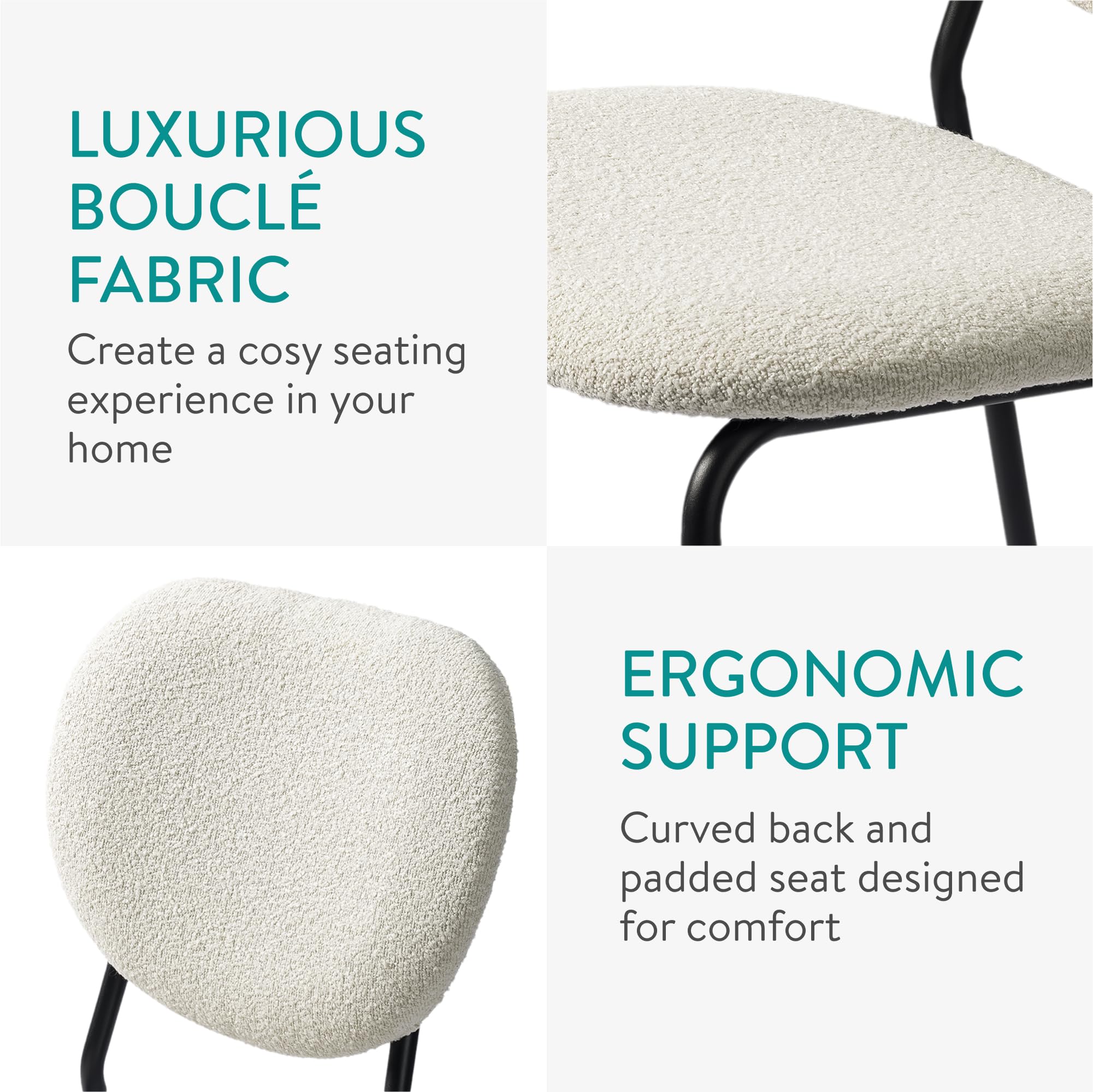 Boucle Dining Chairs Set of 2 - Modern Upholstered with Metal Legs