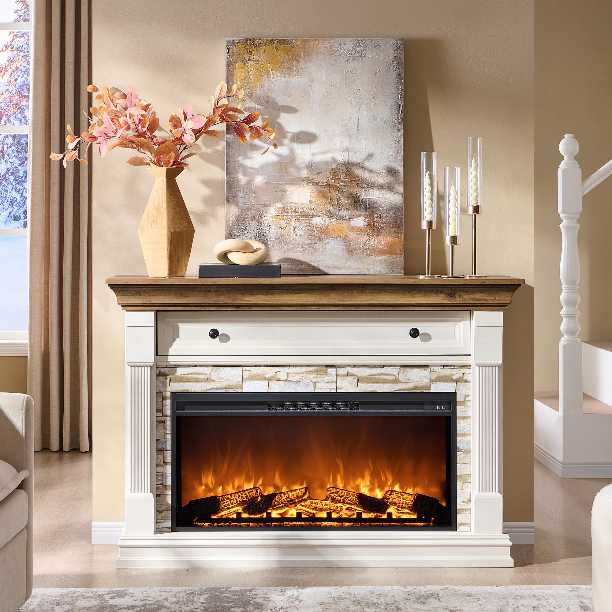 52" Farmhouse Electric Fireplace TV Stand with Mantel