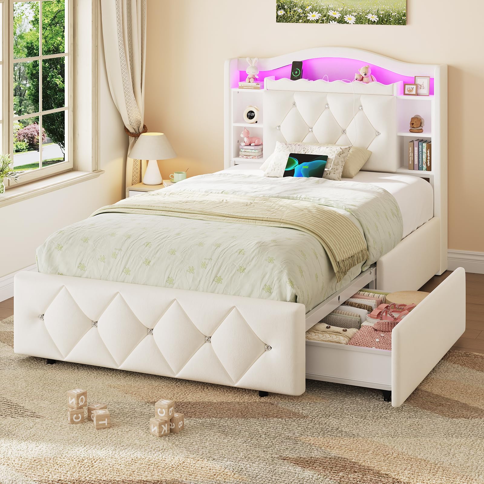 Twin Bed Frame with Storage Drawers and LED Lights