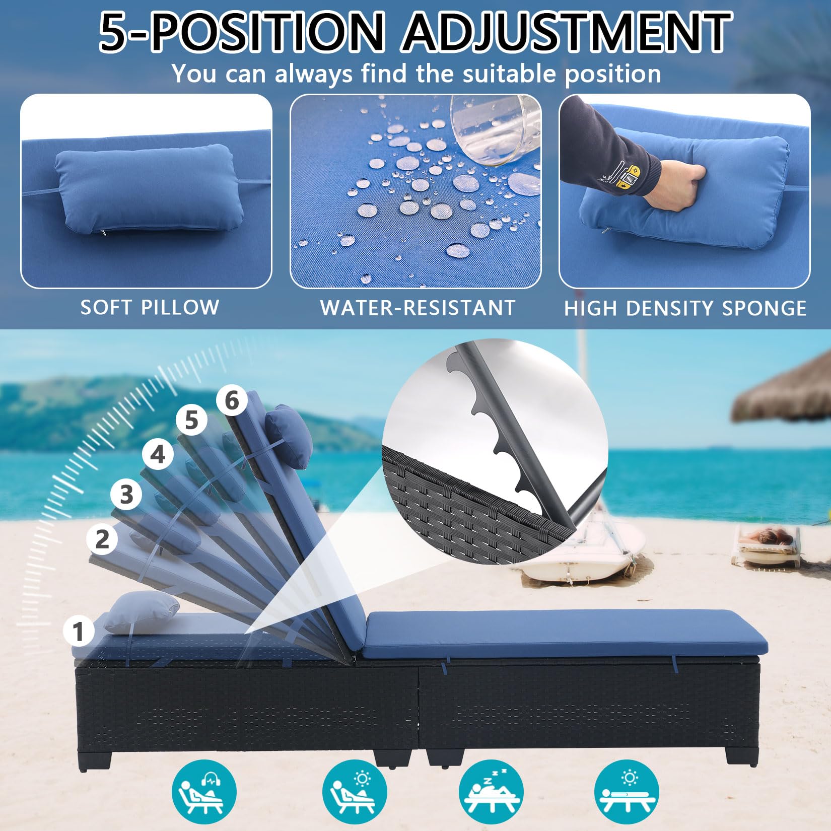 iArtHand 3 PCS Patio Chaise Lounge with Coffee Table Cushion&Pillow Outdoor Lounge Chair Chaise Lounger Patio Reclining Chair 5 Angle Adjustment Black PE Rattan for Courtyards Poolside (Navy)