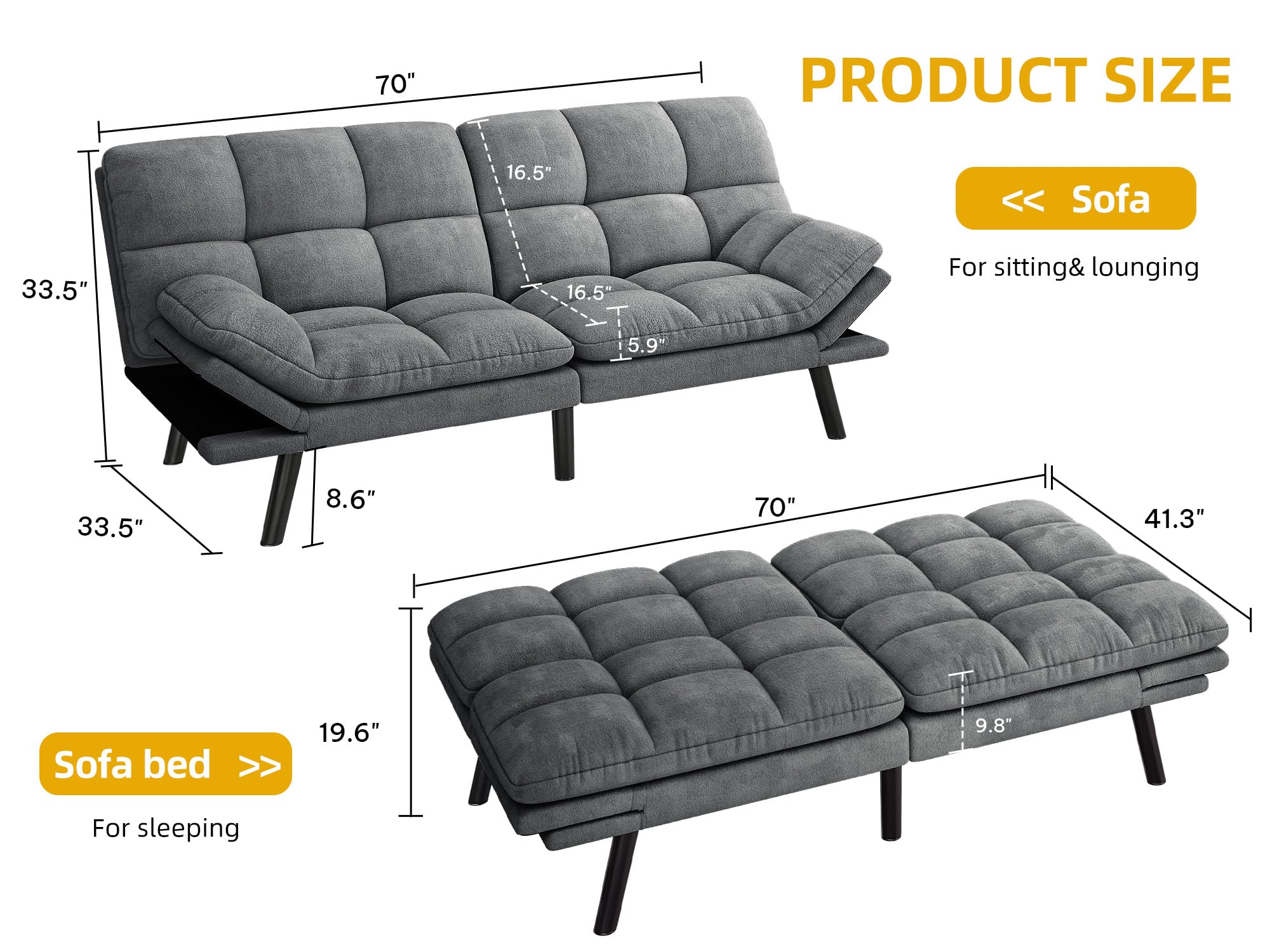 Convertible Futon Sofa Bed 70" with Adjustable Backrest