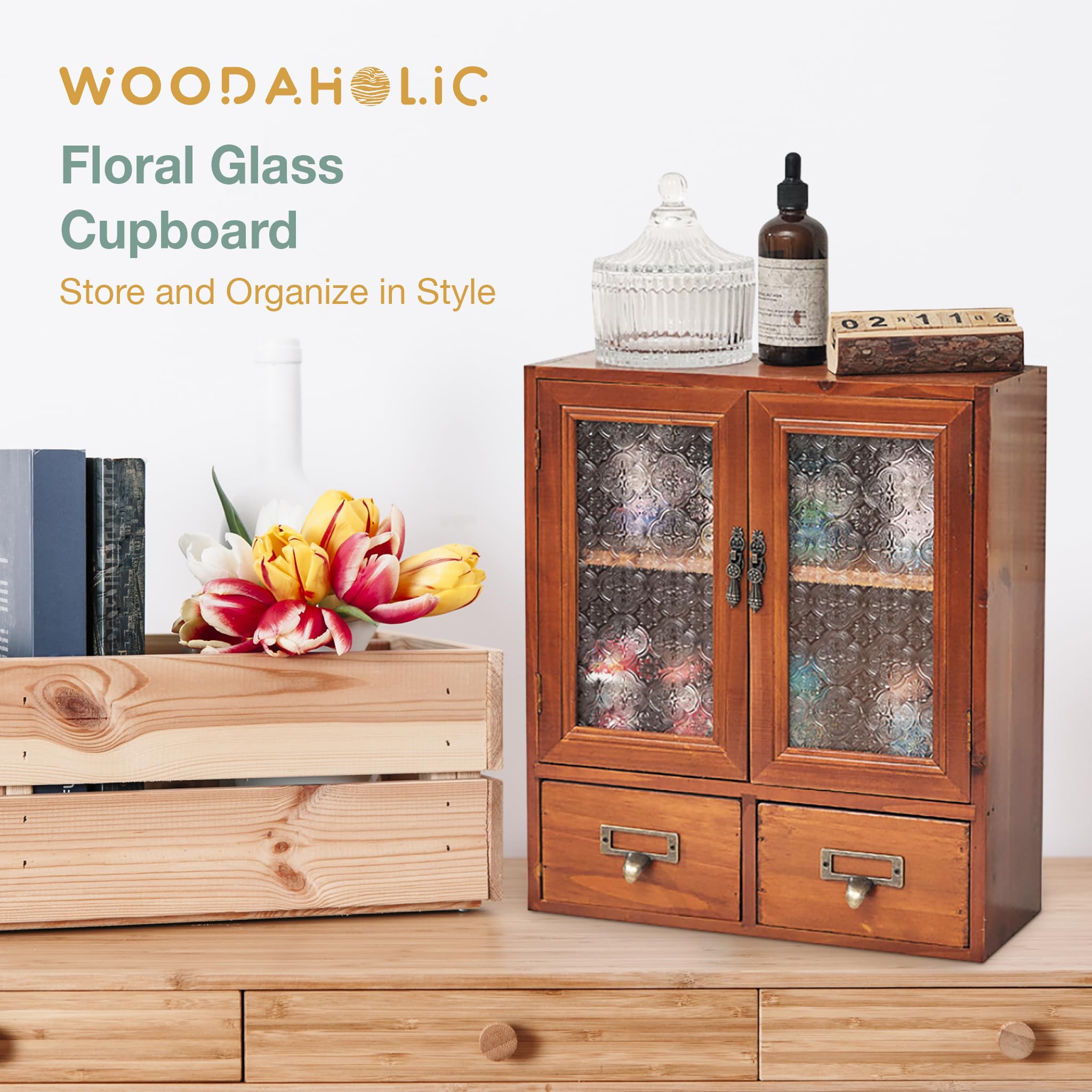 Floral Glass Storage Cabinet with 2 Drawers
