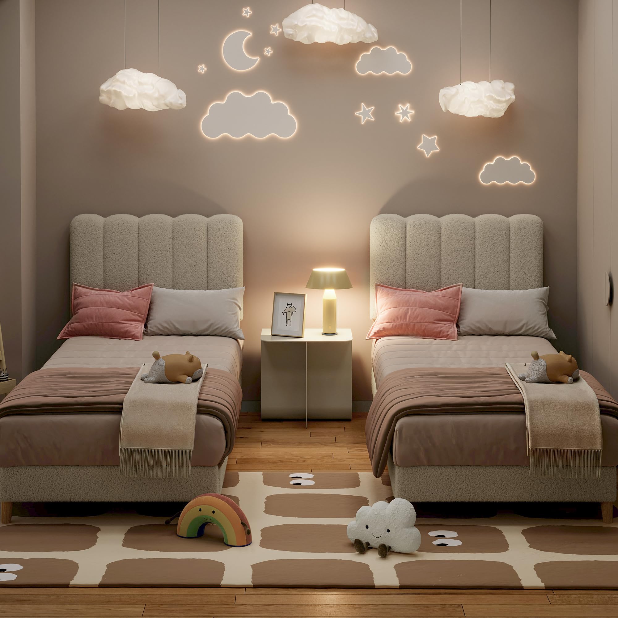 Twin Boucle Upholstered Platform Bed with Wave Headboard