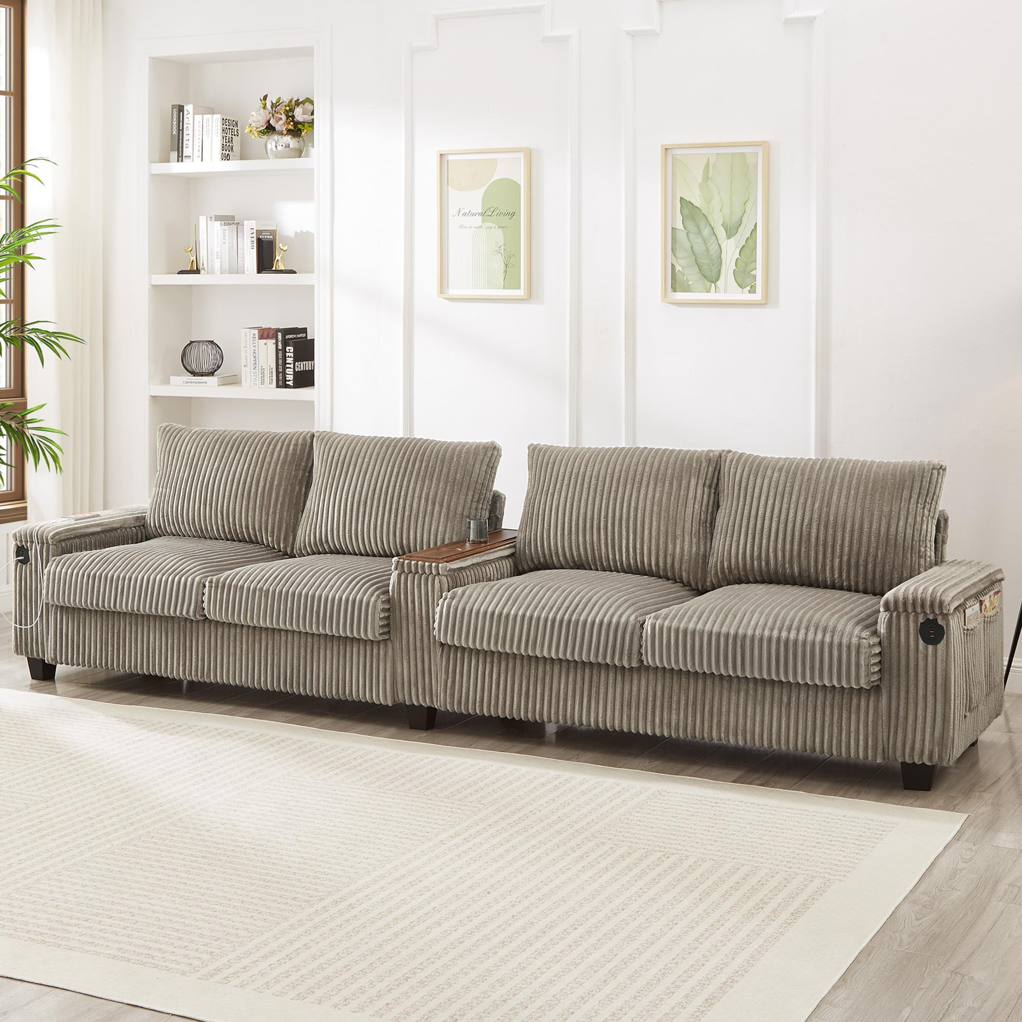 4-Seater Corduroy Sofa with USB Ports and Storage