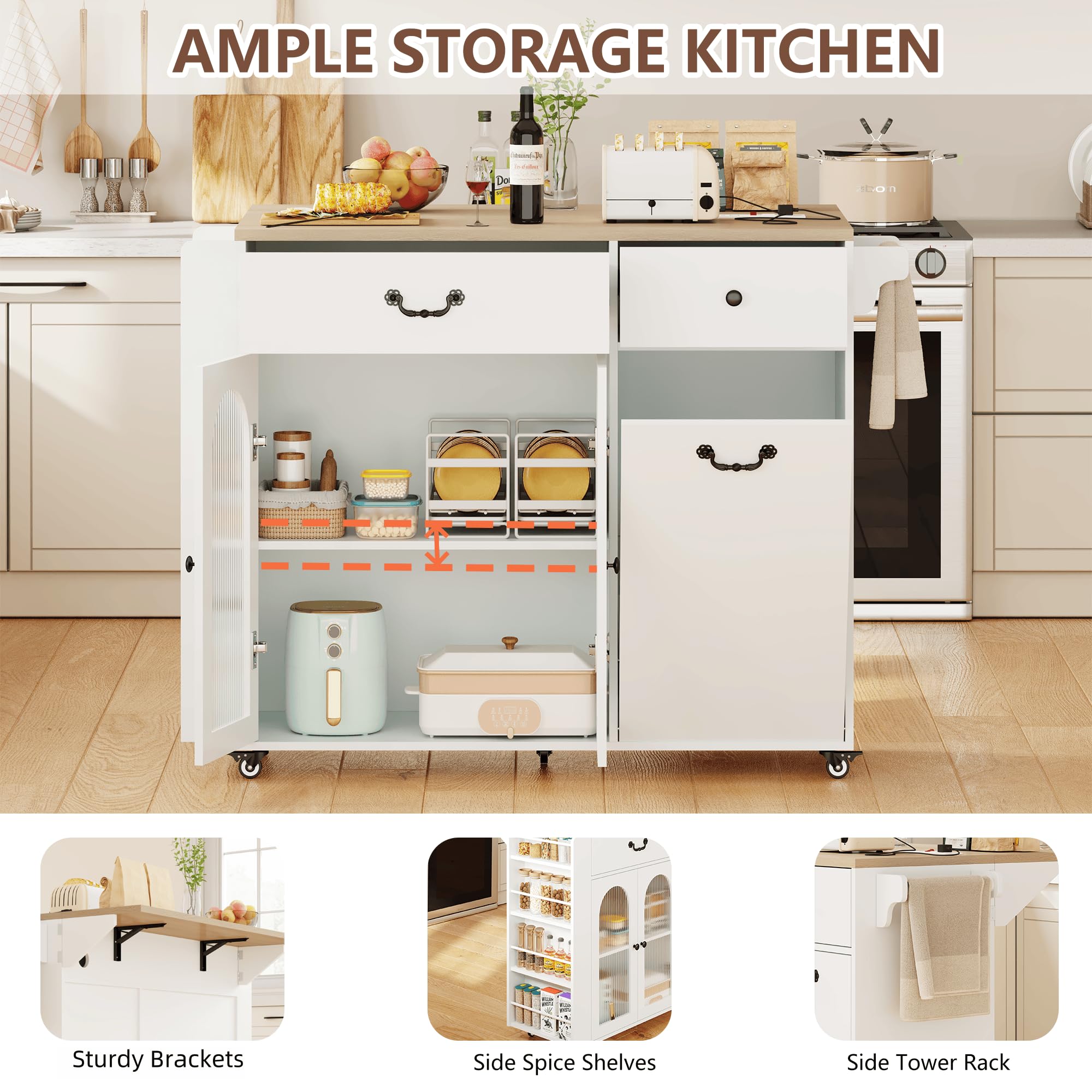 Rolling Kitchen Island with Trash Can Storage and Power Outlets