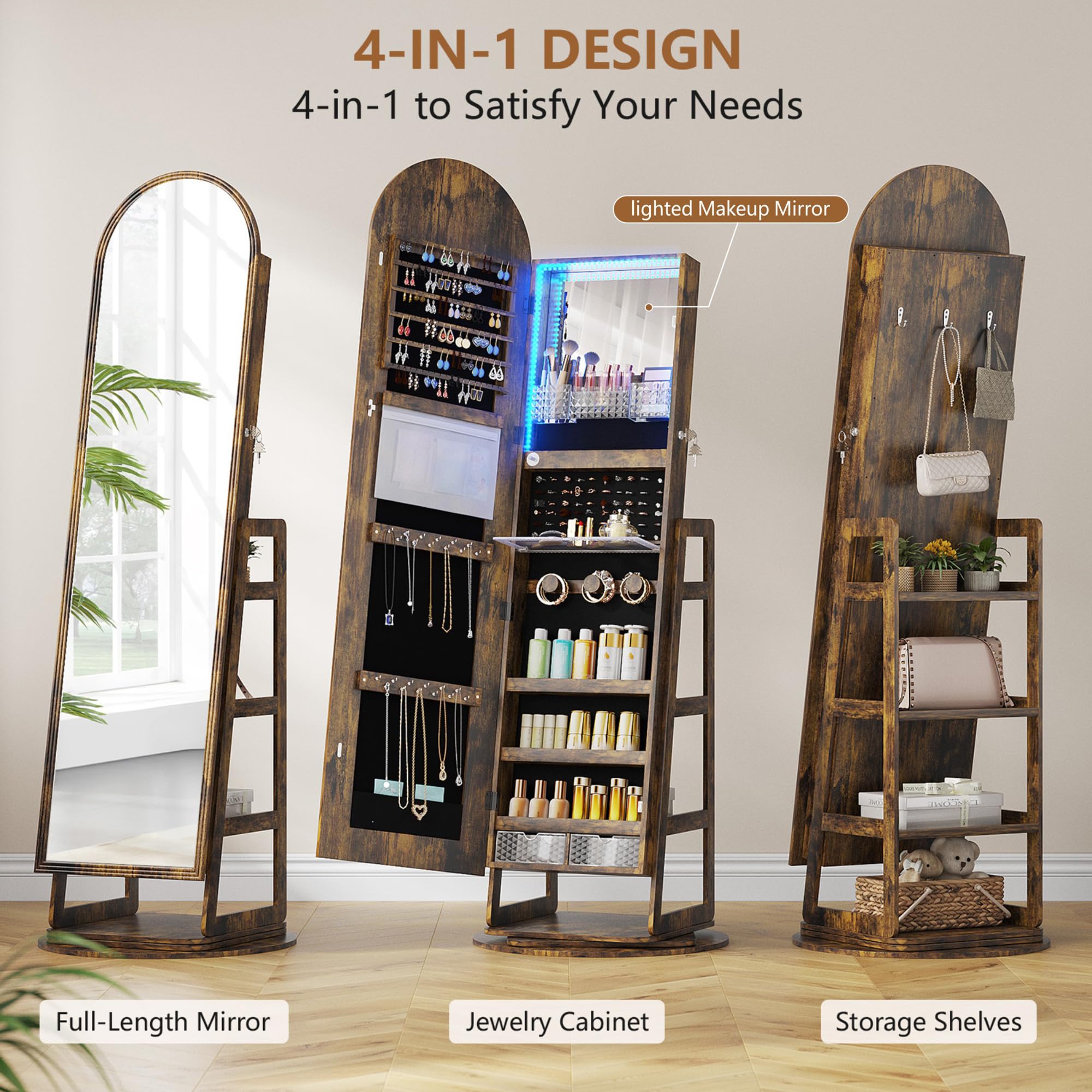 LED Mirror Jewelry Cabinet with 360° Swivel