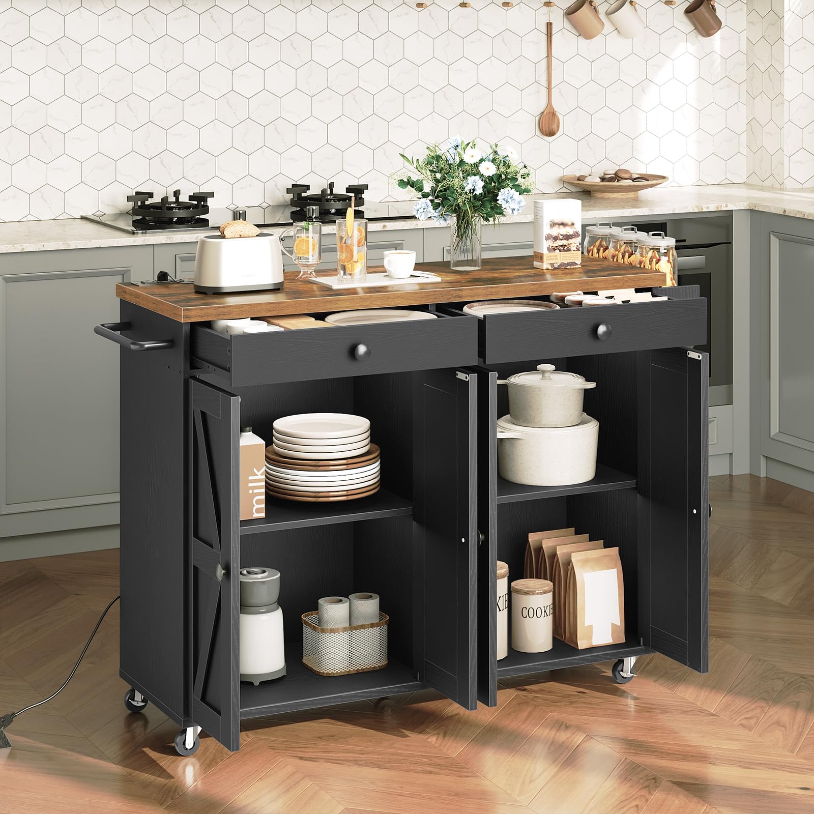 43.3" Rolling Kitchen Island with Power Outlet and Storage
