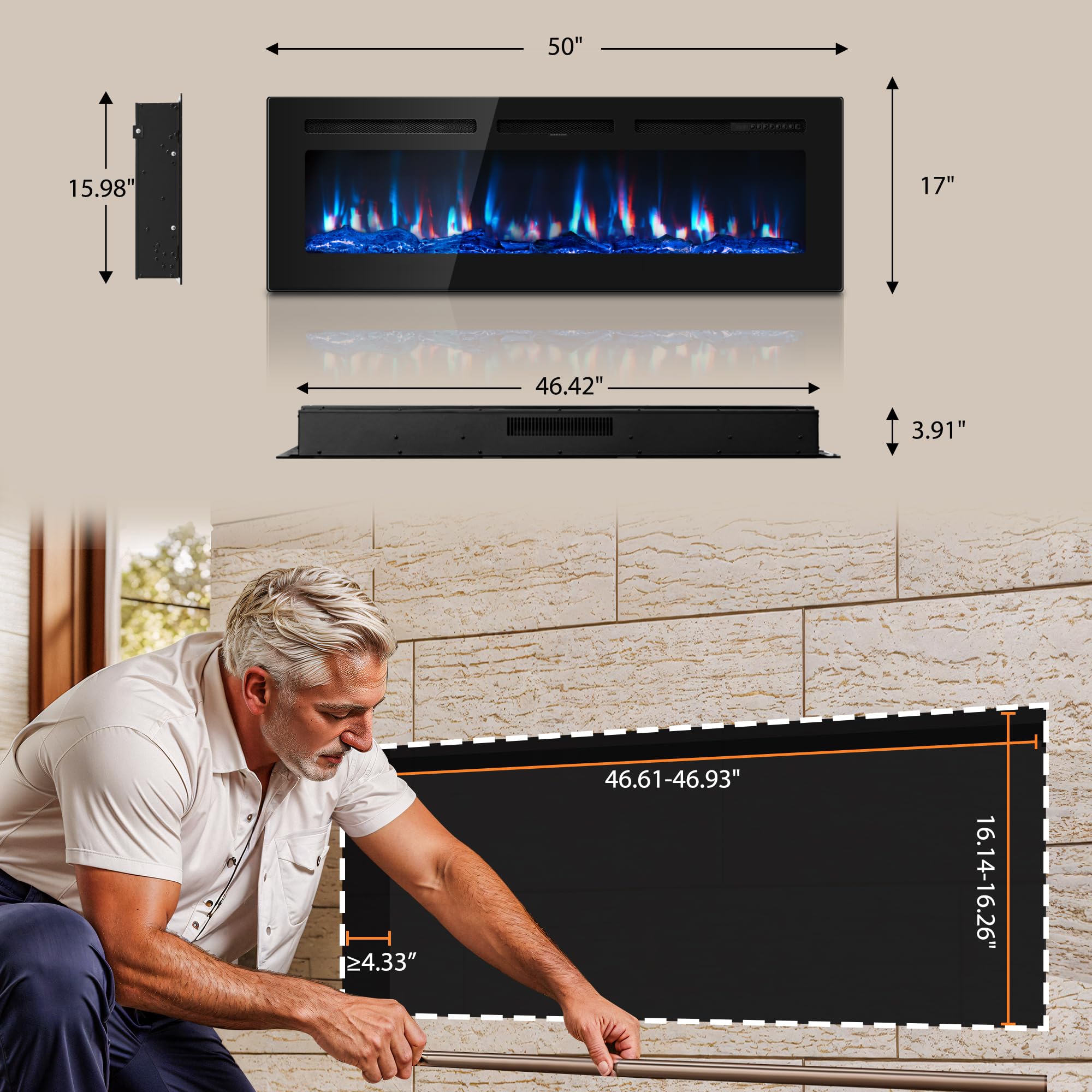 50 Inch Wall Mounted Electric Fireplace with Remote Control