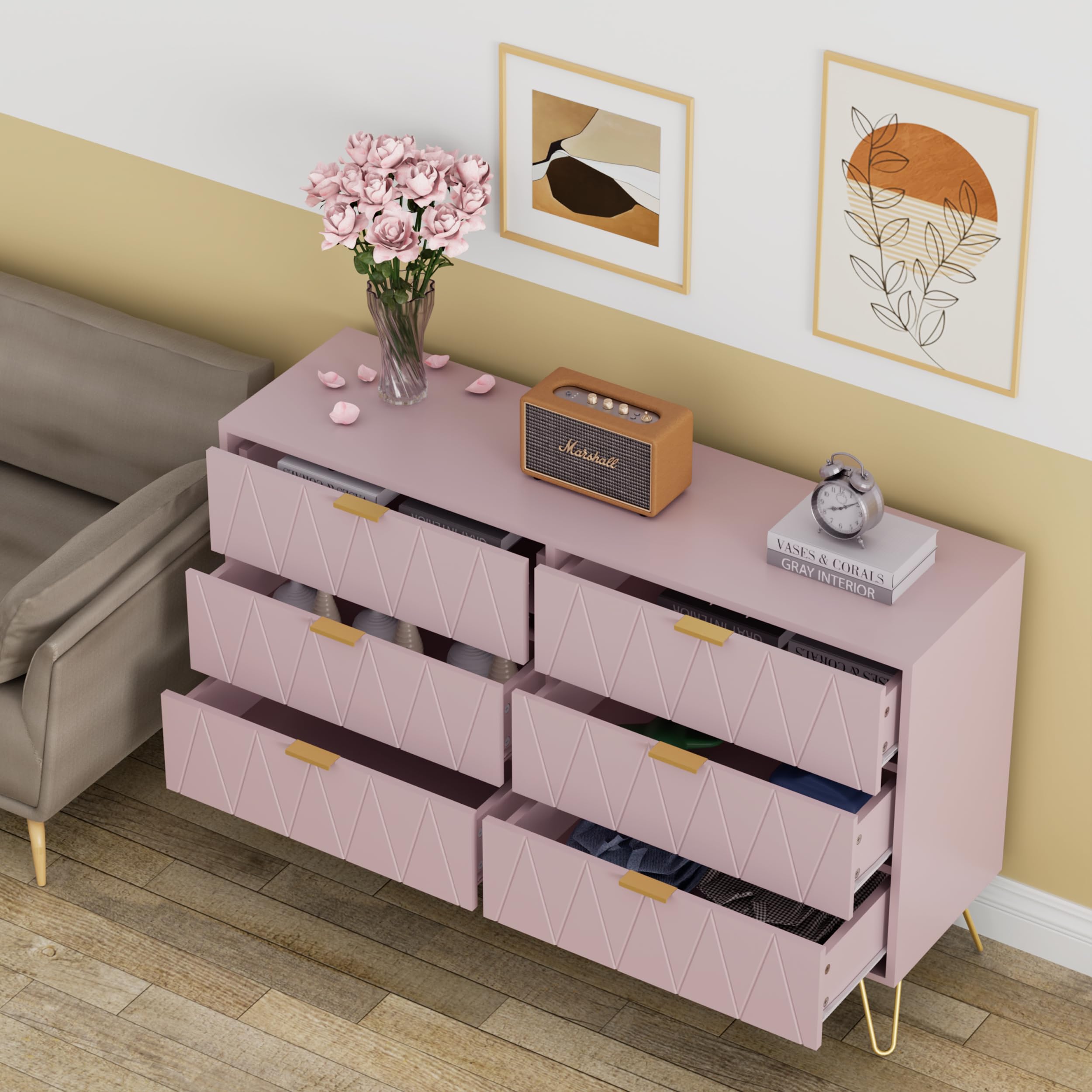 6 Drawer Dresser with Wide Drawers and Metal Handles