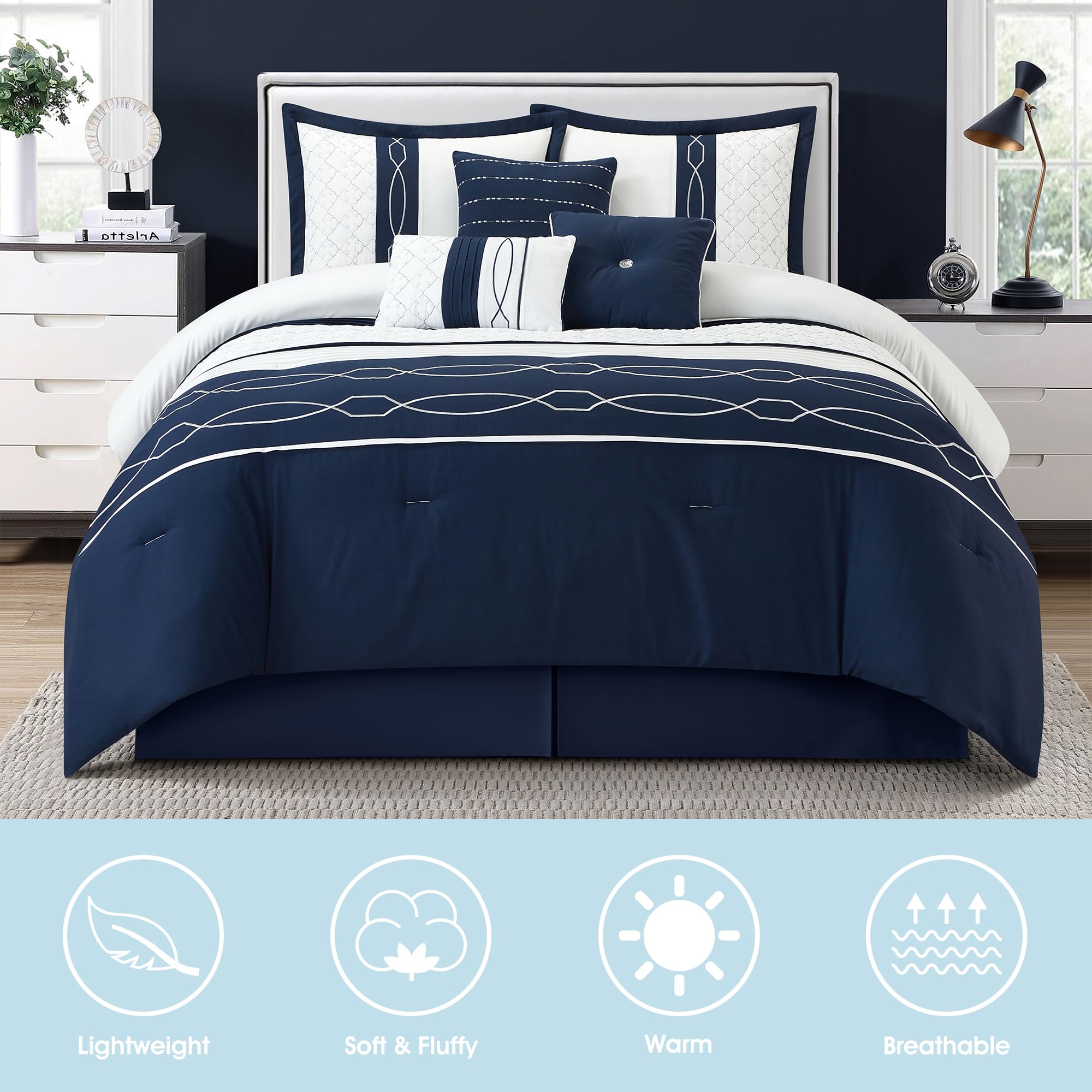 7 Piece Geometric Comforter Set California King White Navy