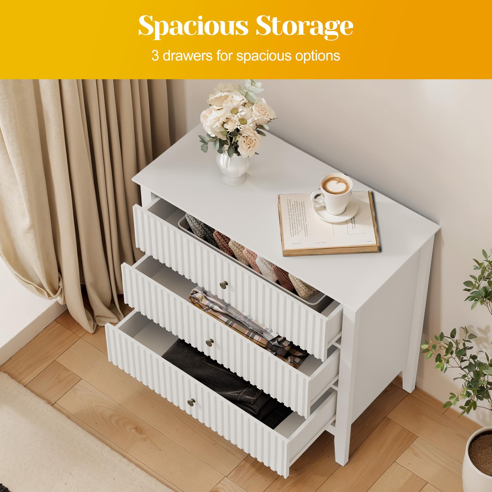 White 3 Drawer Dresser with Fluted Panel