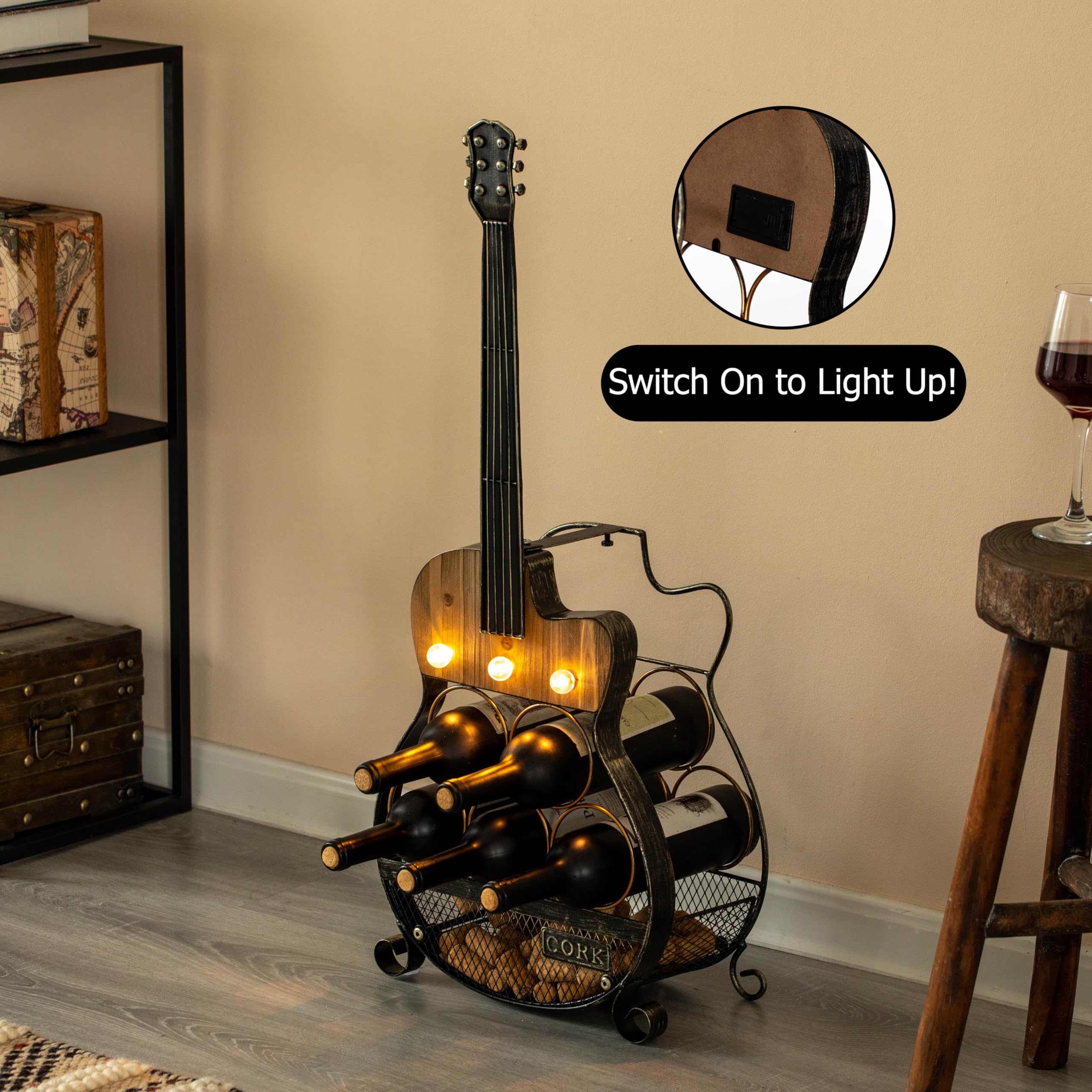Guitar Wine Rack 5-Bottle LED Freestanding