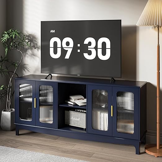 65 Inch White TV Stand with Glass Door Storage Cabinet