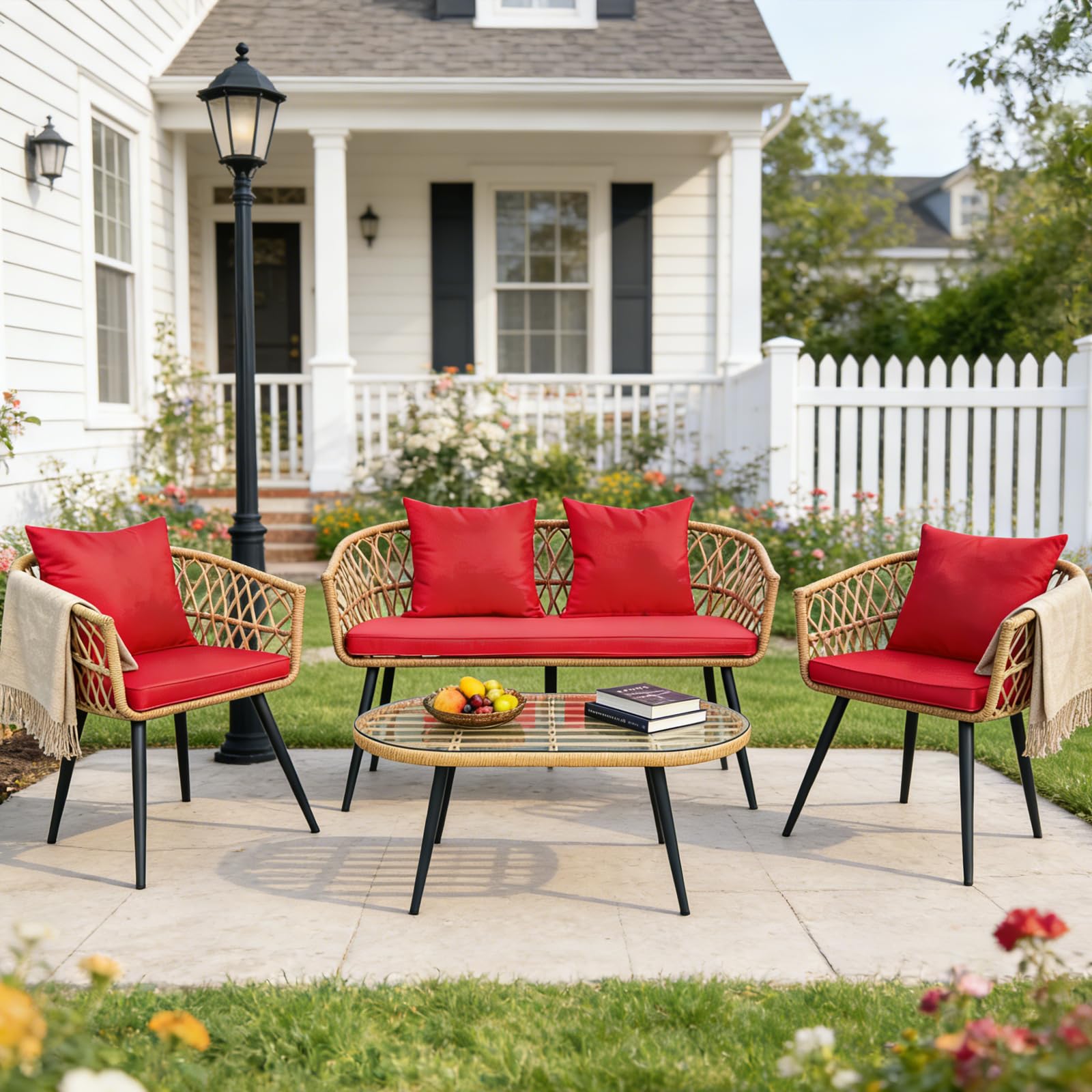 4 Piece Patio Furniture Set with Wicker Sofa and Glass Table