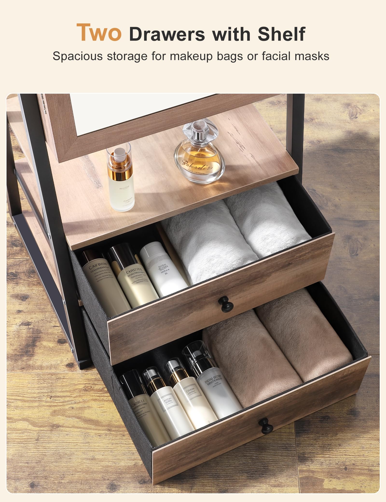 Jewelry Cabinet Armoire with Full Length Mirror and 2 Drawers