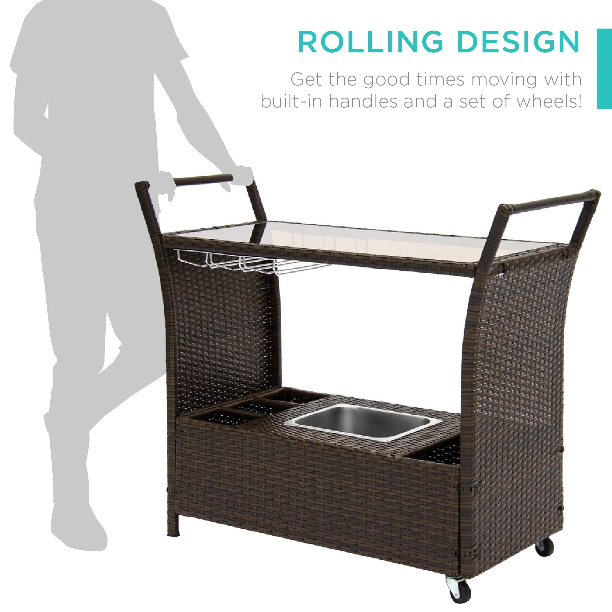 Outdoor Rolling Wicker Bar Cart with Glass Top