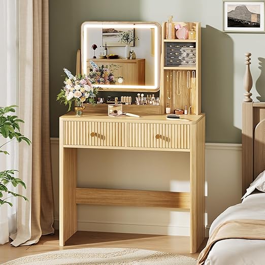 Fluted Vanity Desk with Mirror and Lights