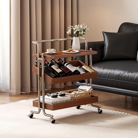 Solid Wood Rolling End Table Cart with Adjustable Storage
