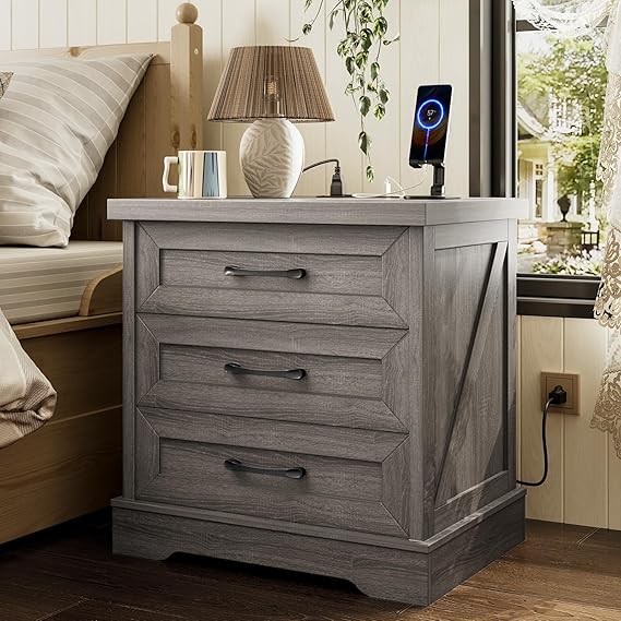 Farmhouse Nightstand with Charging Station and 3 Drawers