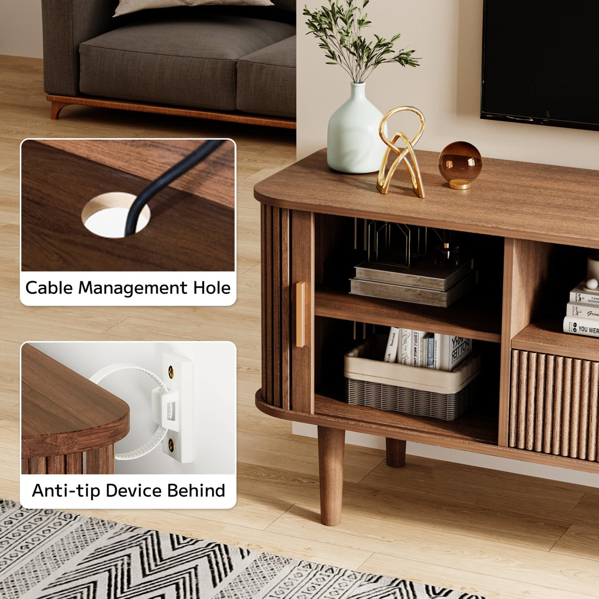 Fluted TV Stand 55 Inch Mid Century Modern Media Console