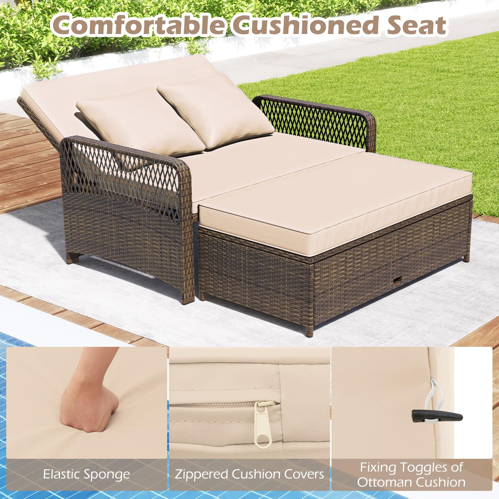Patio Rattan Daybed with Adjustable Backrest