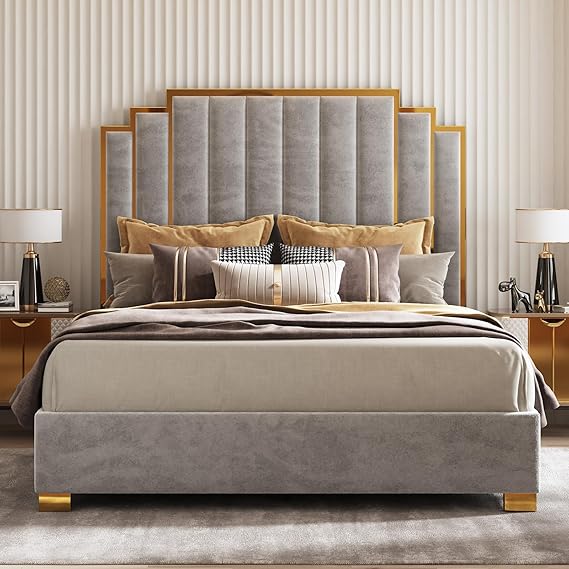 California King Upholstered Bed Frame - Velvet Platform Bed with Gold Trim Headboard