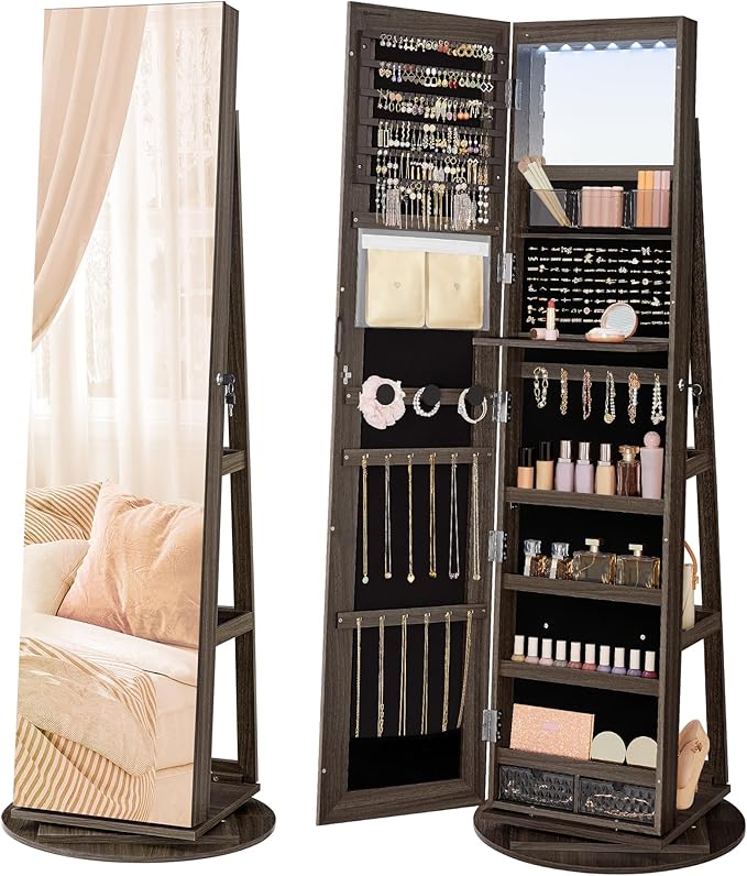6 LED Lockable Mirror Jewelry Cabinet with 360° Swivel