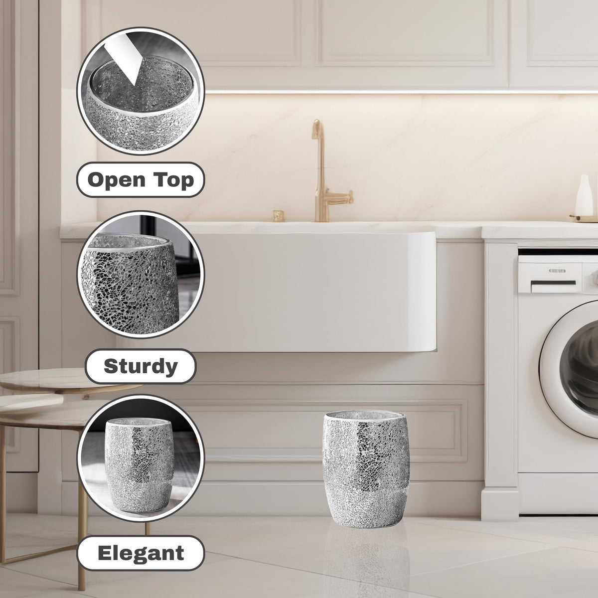Modern Bathroom Trash Can Silver Mosaic Glass 5L