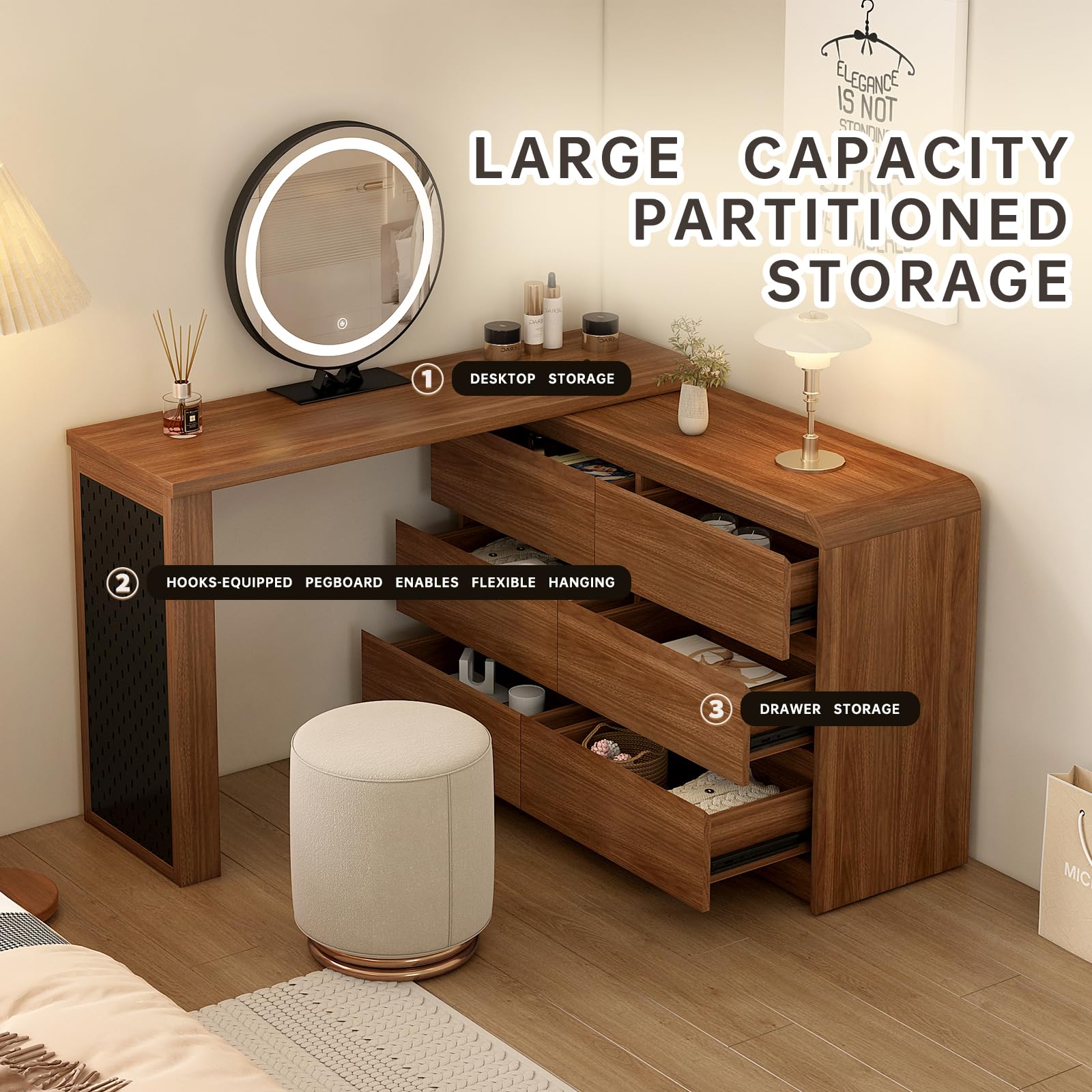 L-Shape Vanity Desk with LED Mirror and Lights - 6 Drawer Makeup Dresser