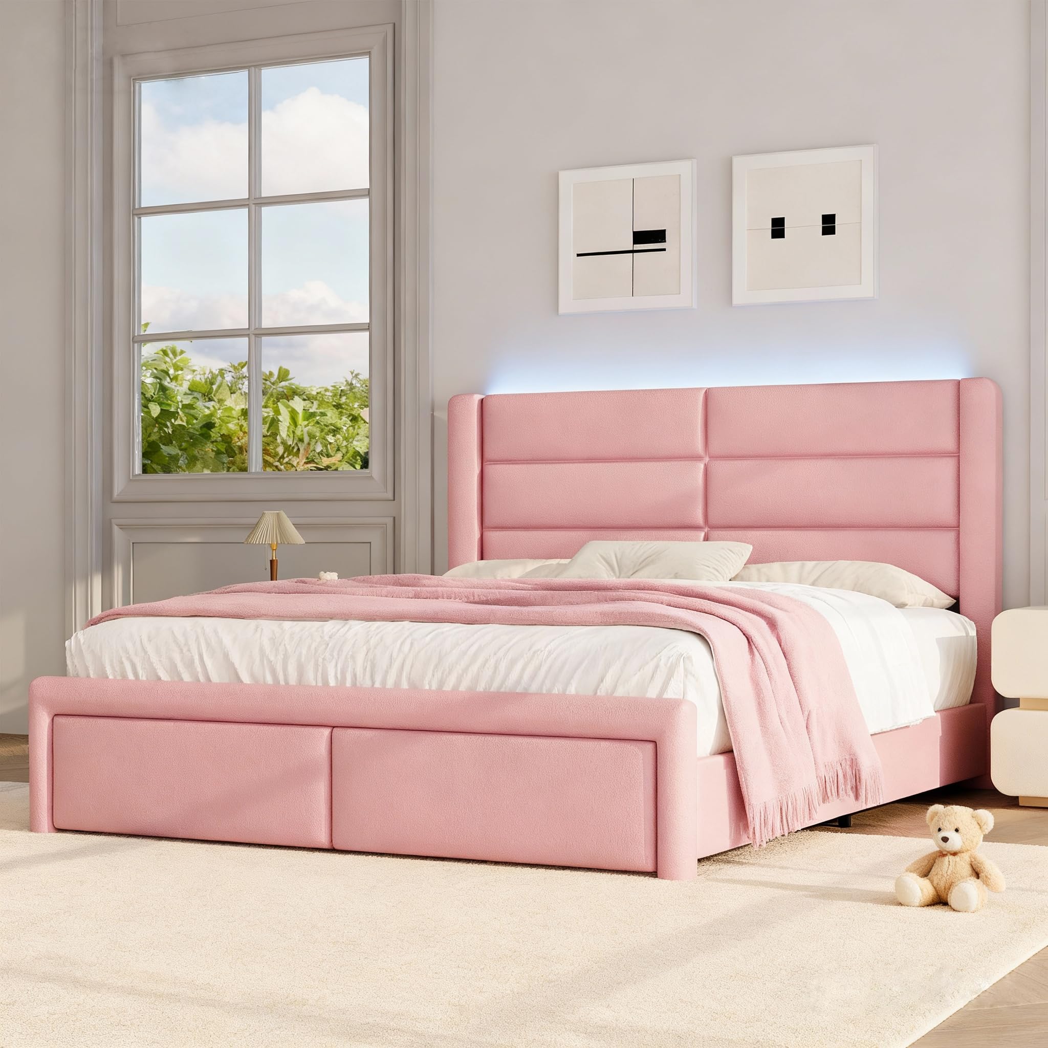 Queen Upholstered Bed Frame with Headboard and LED Lights, Modern Faux Leather Bed Frame with Wooden Slats Support and Heavy Duty Mattress Foundation, No Box Spring Needed, Easy Assembly, Pink