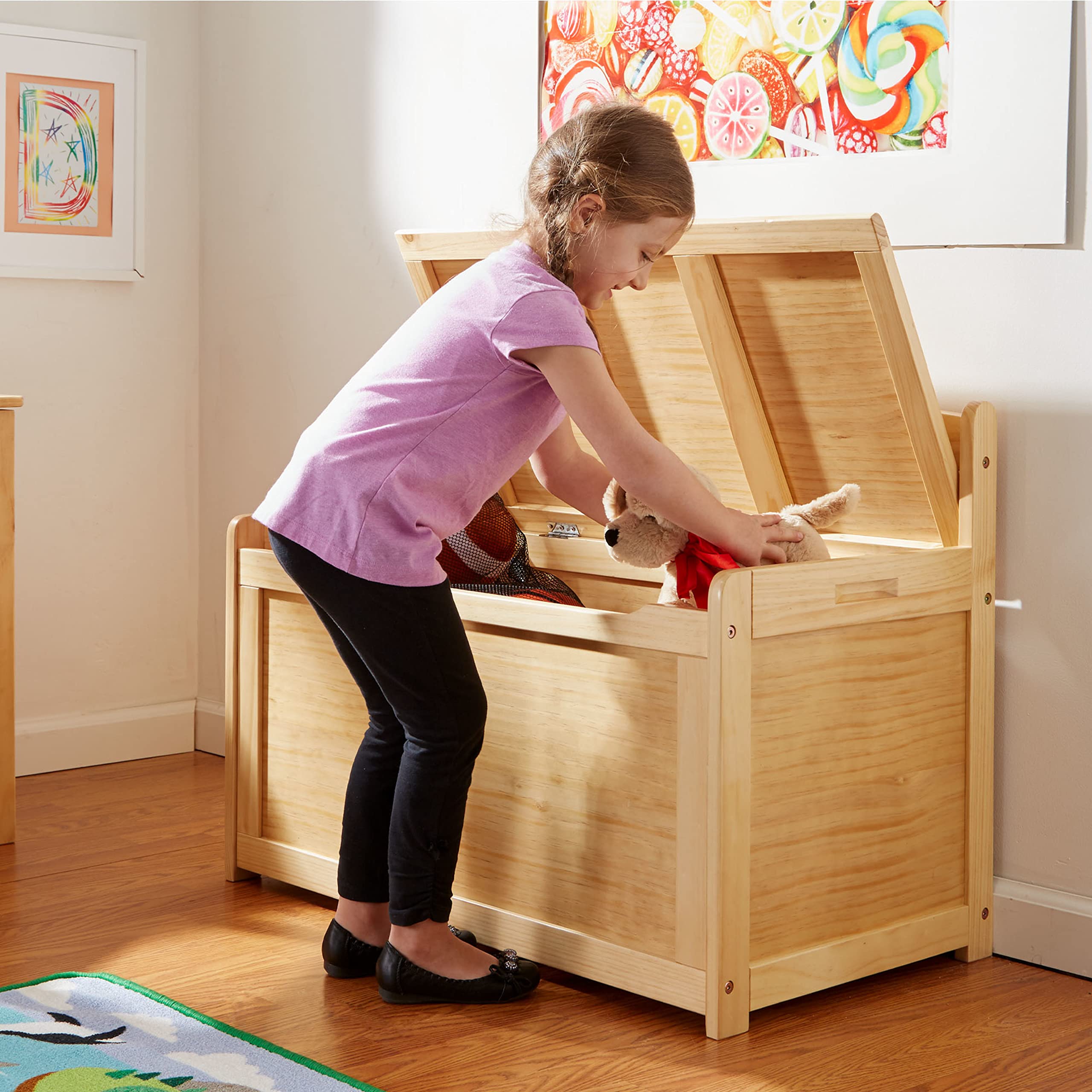 Wooden Toy Chest with Safety-Hinged Lid