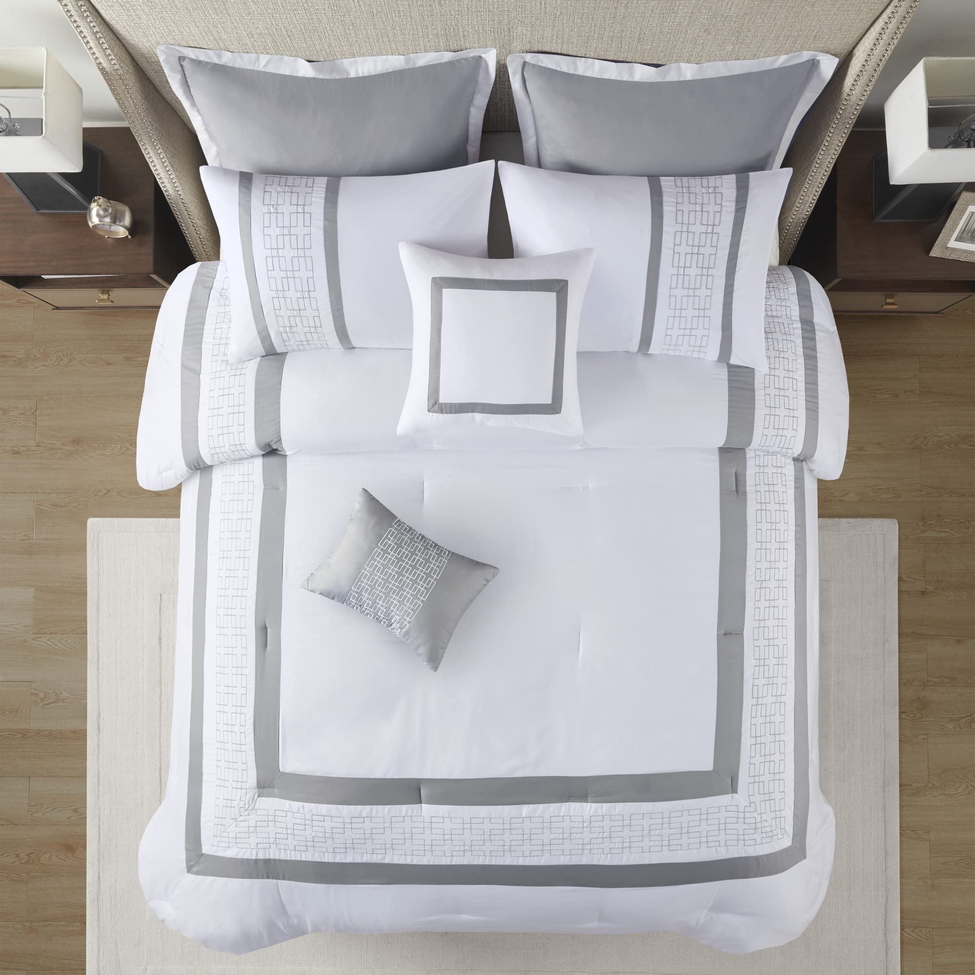 510 DESIGN Powell Cozy Comforter Set, Hotel Style Border Design with Geometric Embroidery Details, All Season Bedding with Matching Sham, Decorative Pillow, Bedskirt, Queen(90"x90"), White 8 Piece
