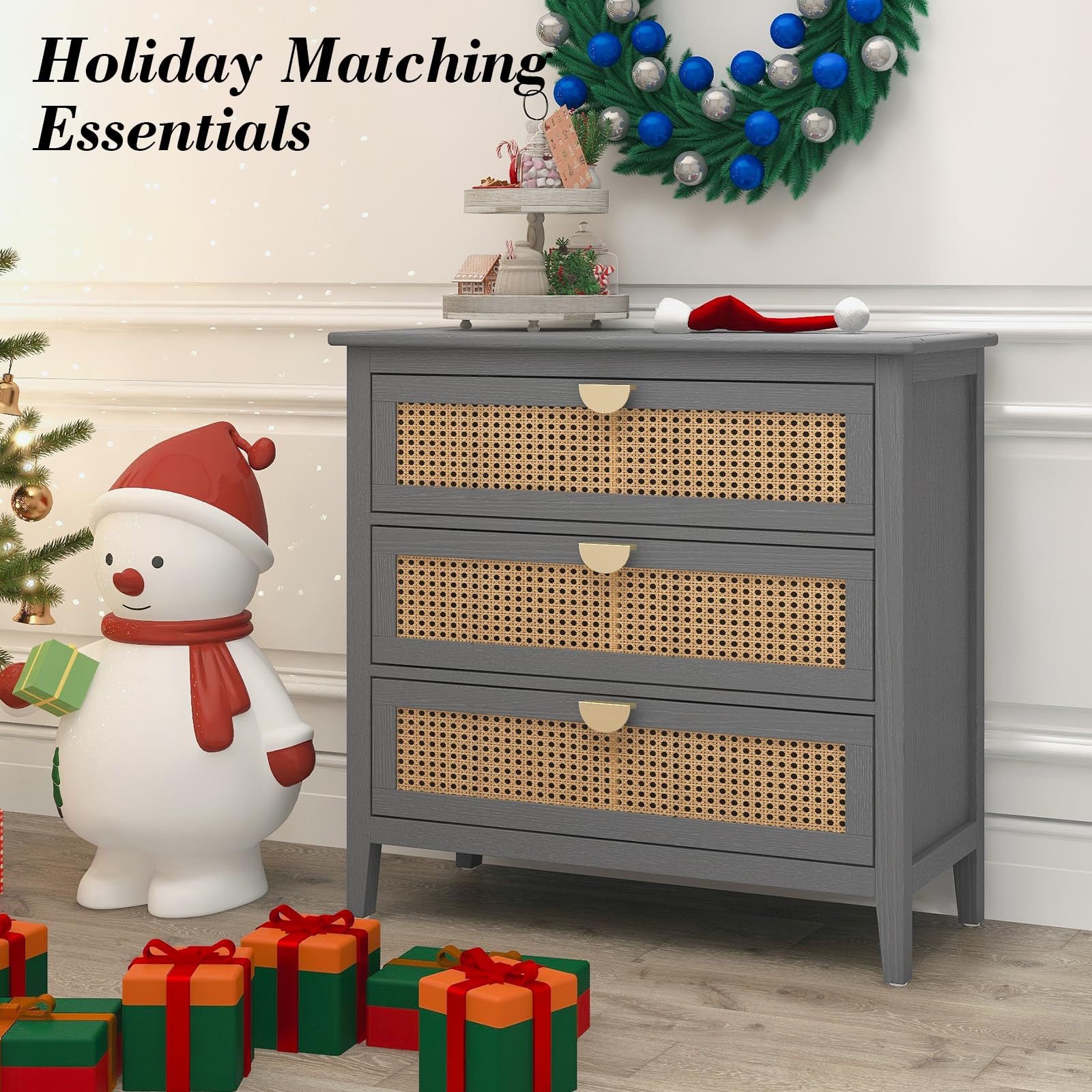 Rattan 3 Drawer Dresser with Storage Cabinet