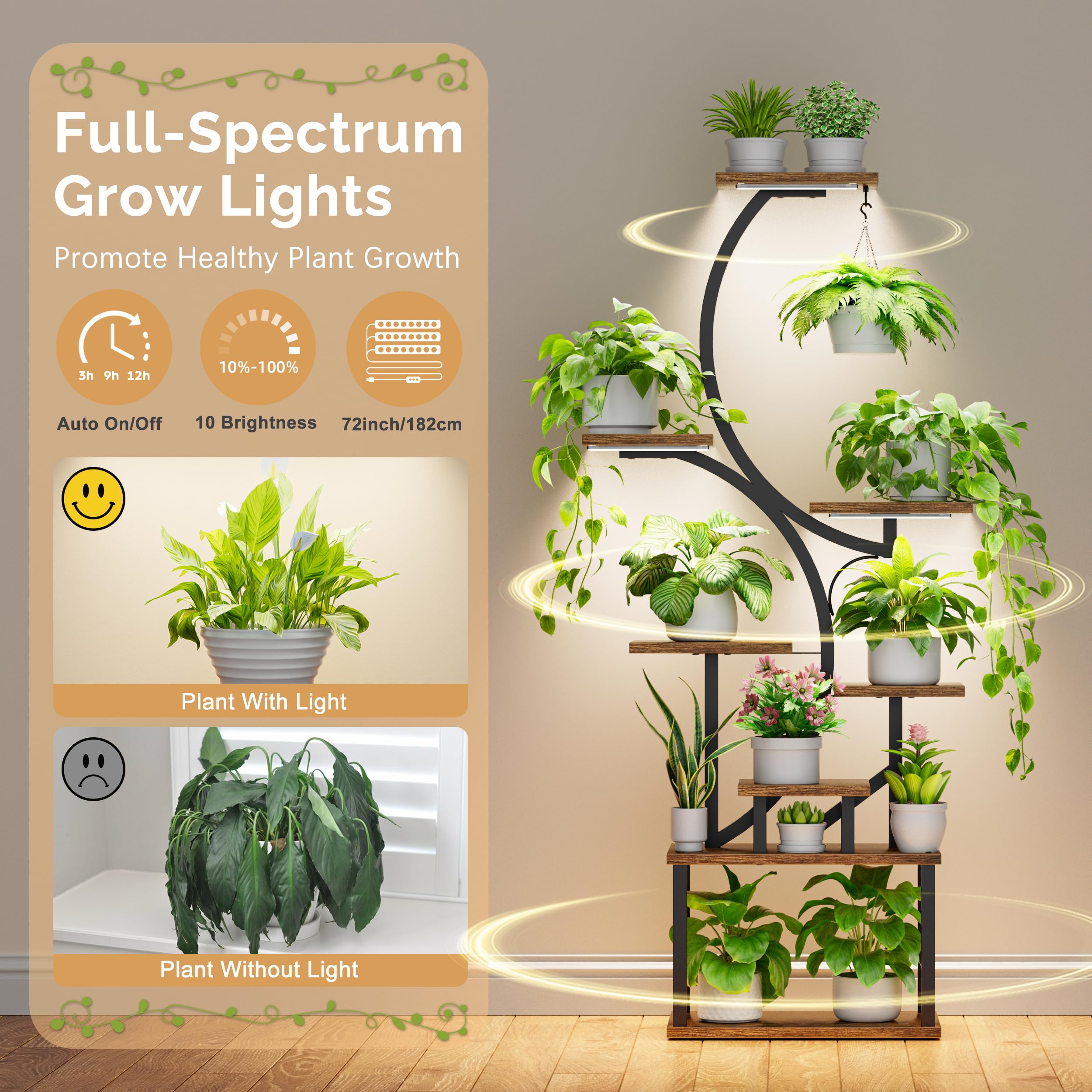 8-Tier S-Shaped Plant Stand with Grow Lights