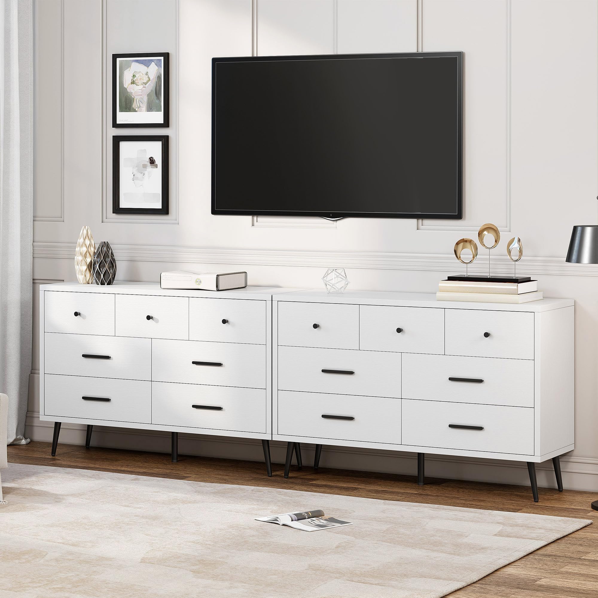 White 7 Drawer Dresser 47 Inch Wide Double Chest of Drawers
