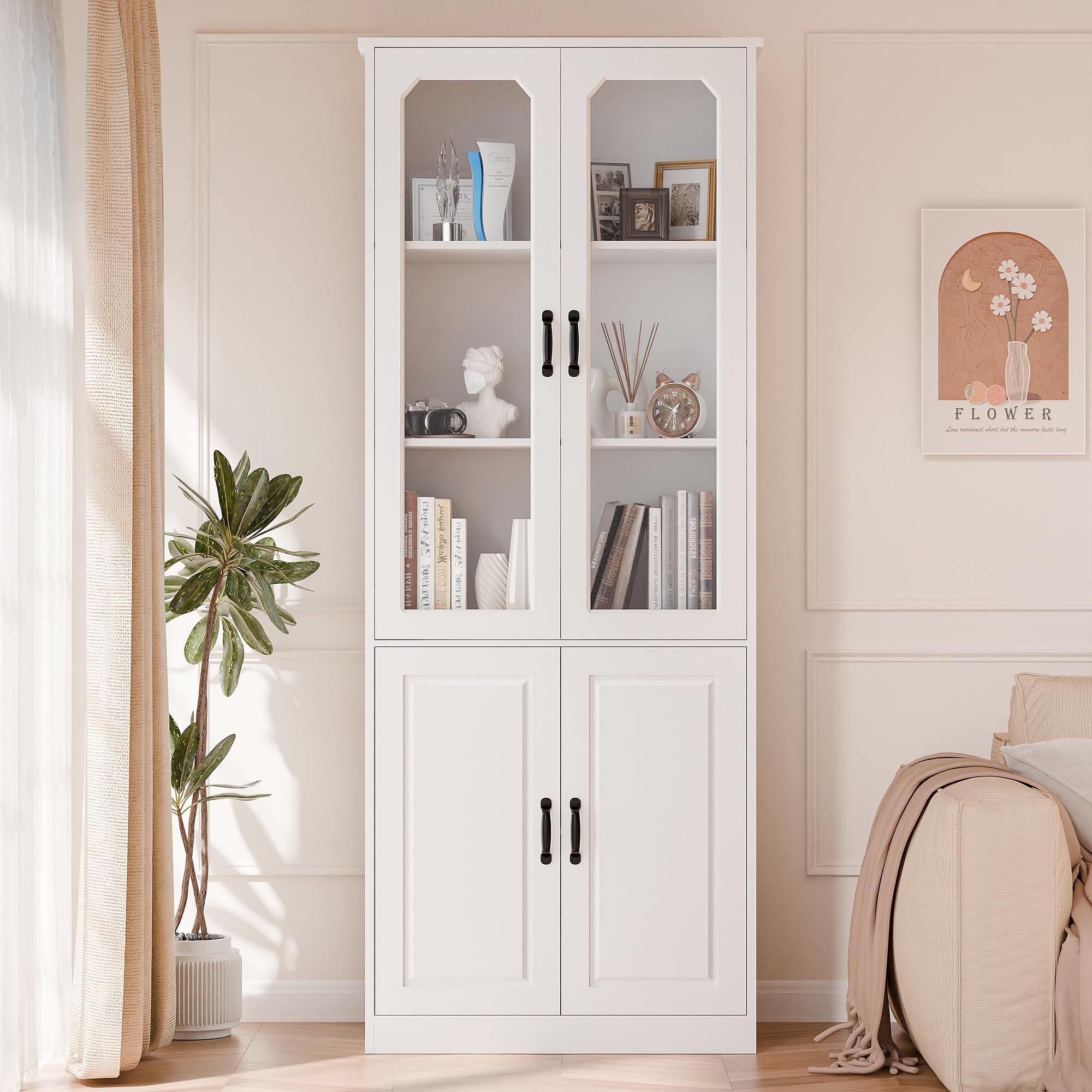 Tall Kitchen Pantry Cabinet with Glass Doors