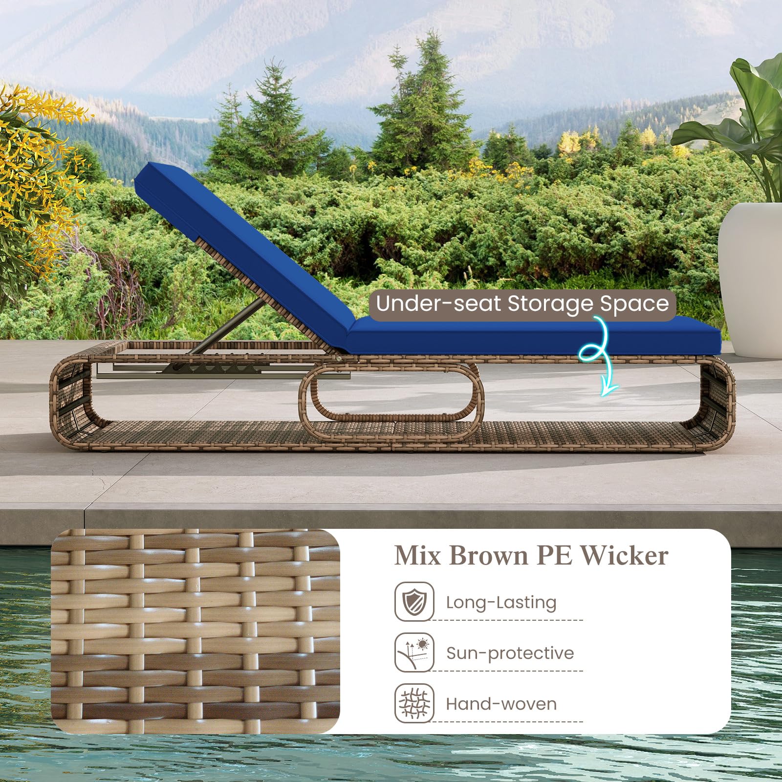 7-Position Adjustable PE Wicker Chaise Lounge Chair with Storage