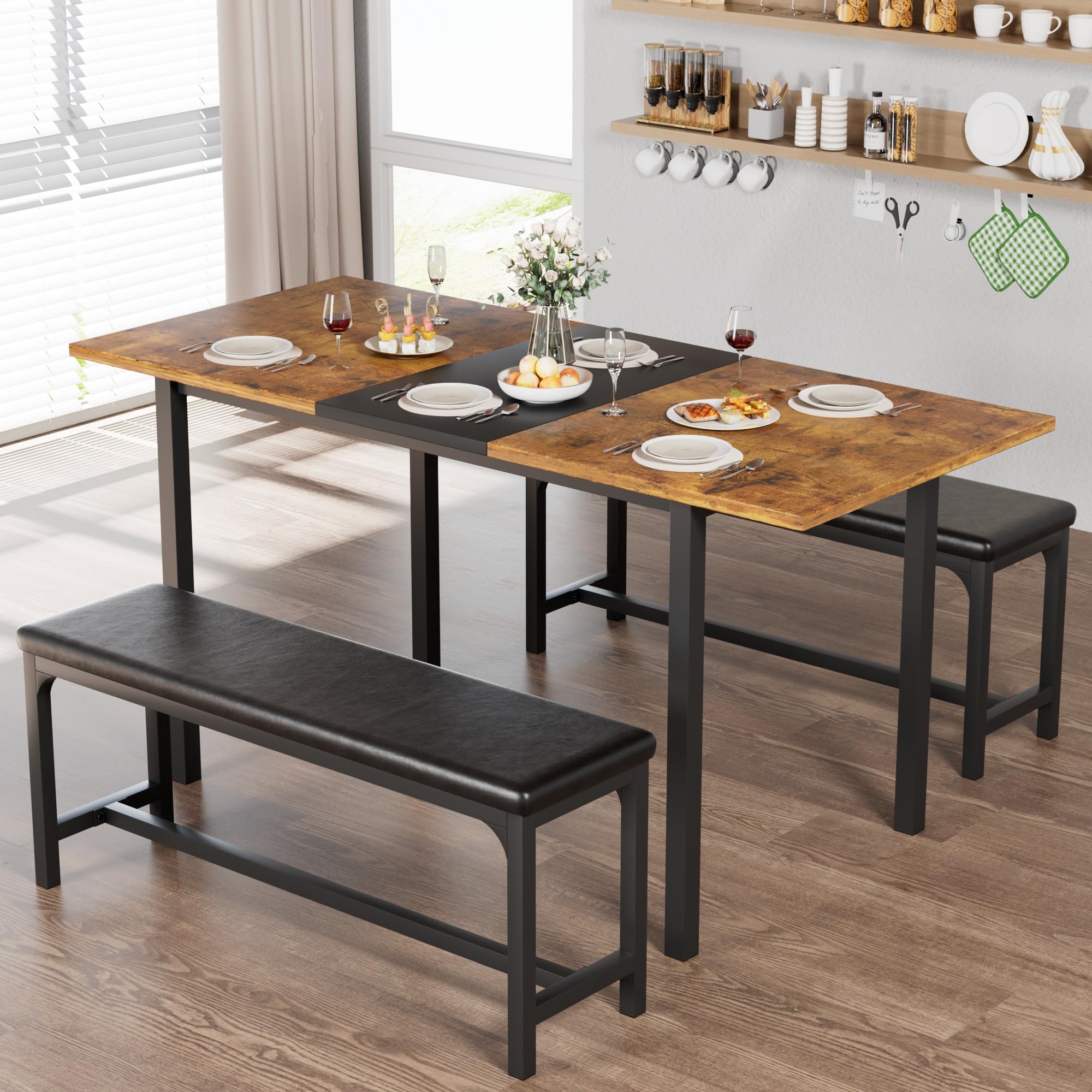 Extendable Dining Table Set with Benches