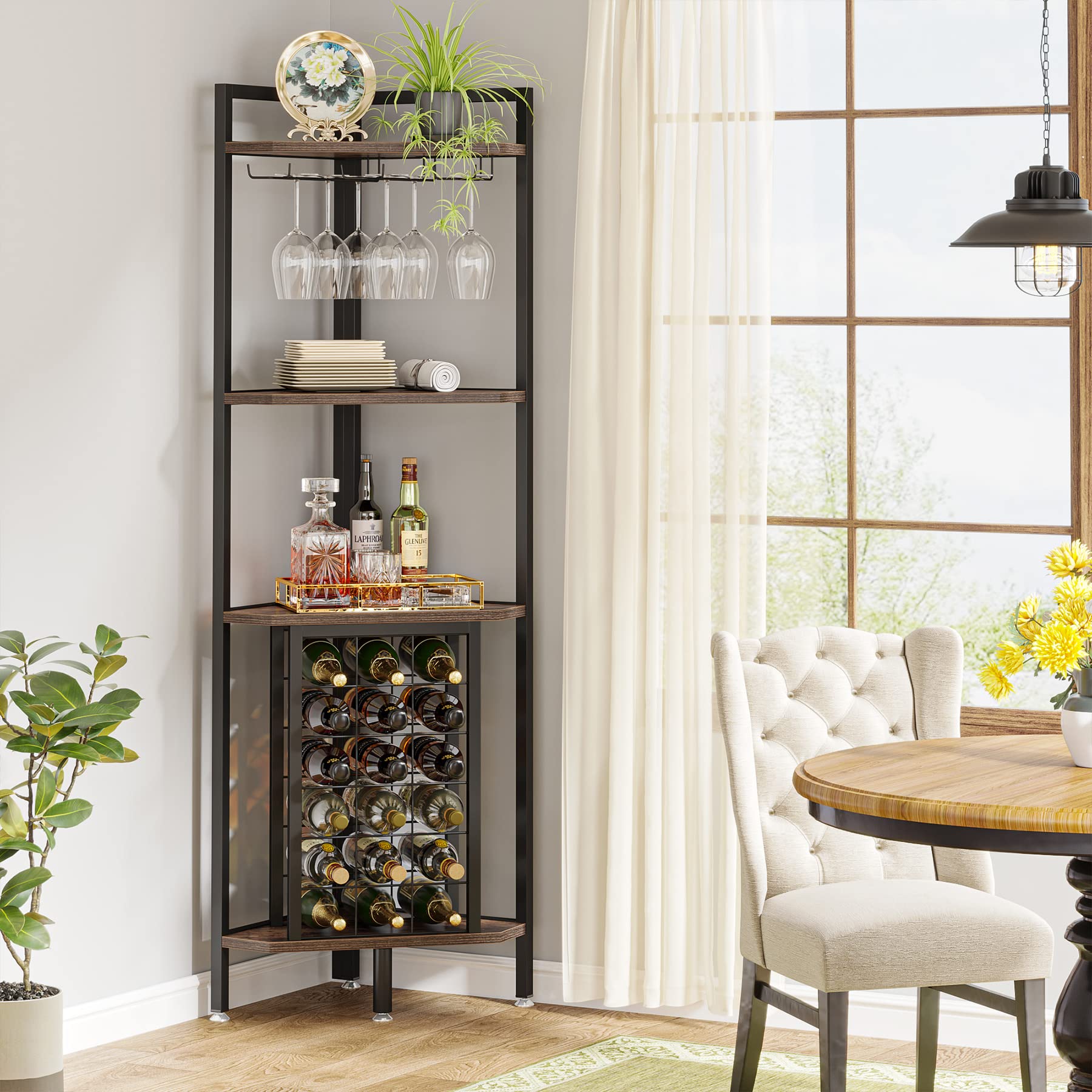 Corner Wine Rack with Glass Holder and Storage Shelves