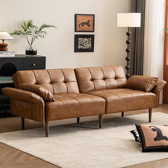 85" Futon Sofa Bed with Storage and Adjustable Armrests