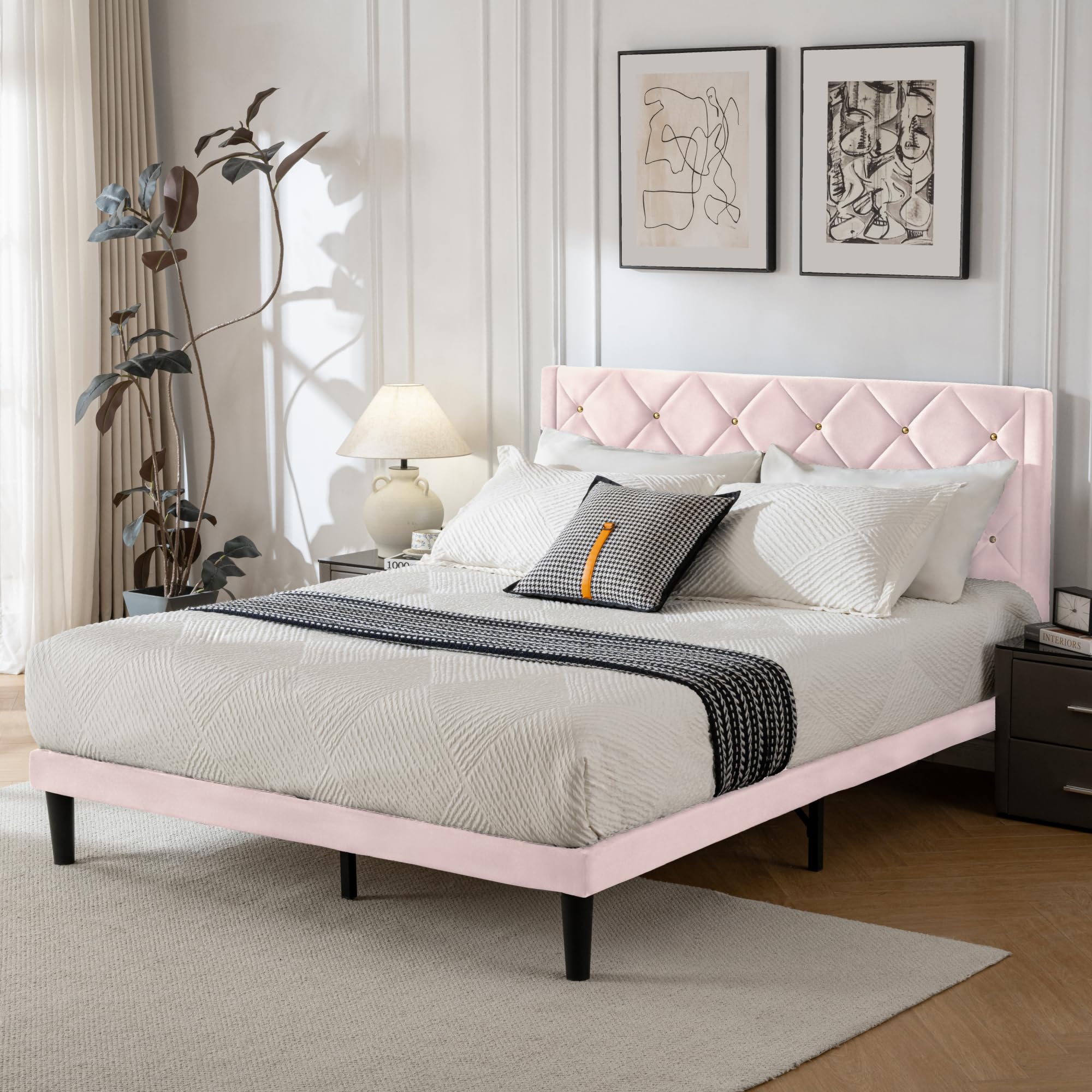 Queen Platform Bed Frame with Velvet Upholstered Headboard