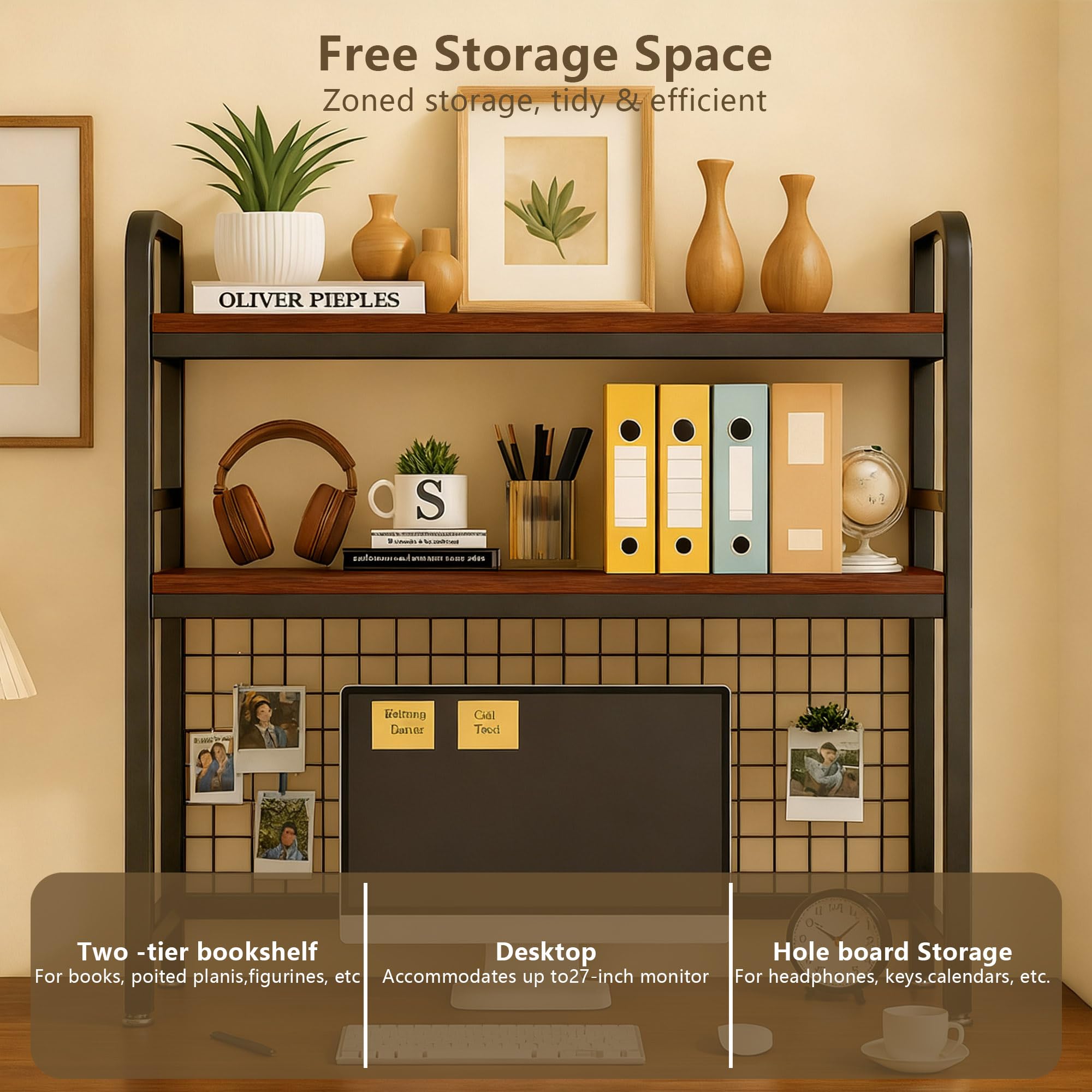 2-Tier Desk Hutch Bookshelf with Metal Frame