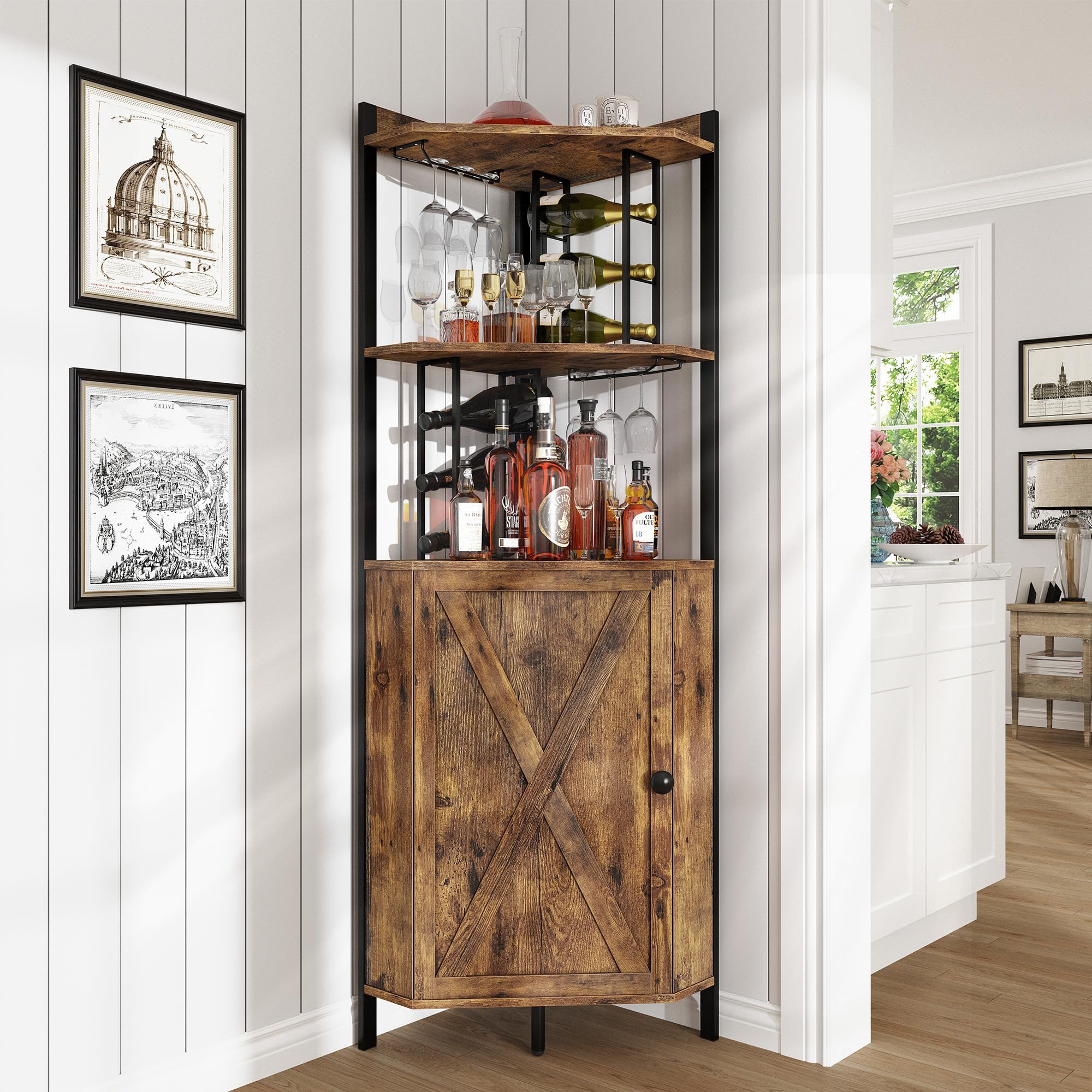 Corner Bar Cabinet with Wine Rack