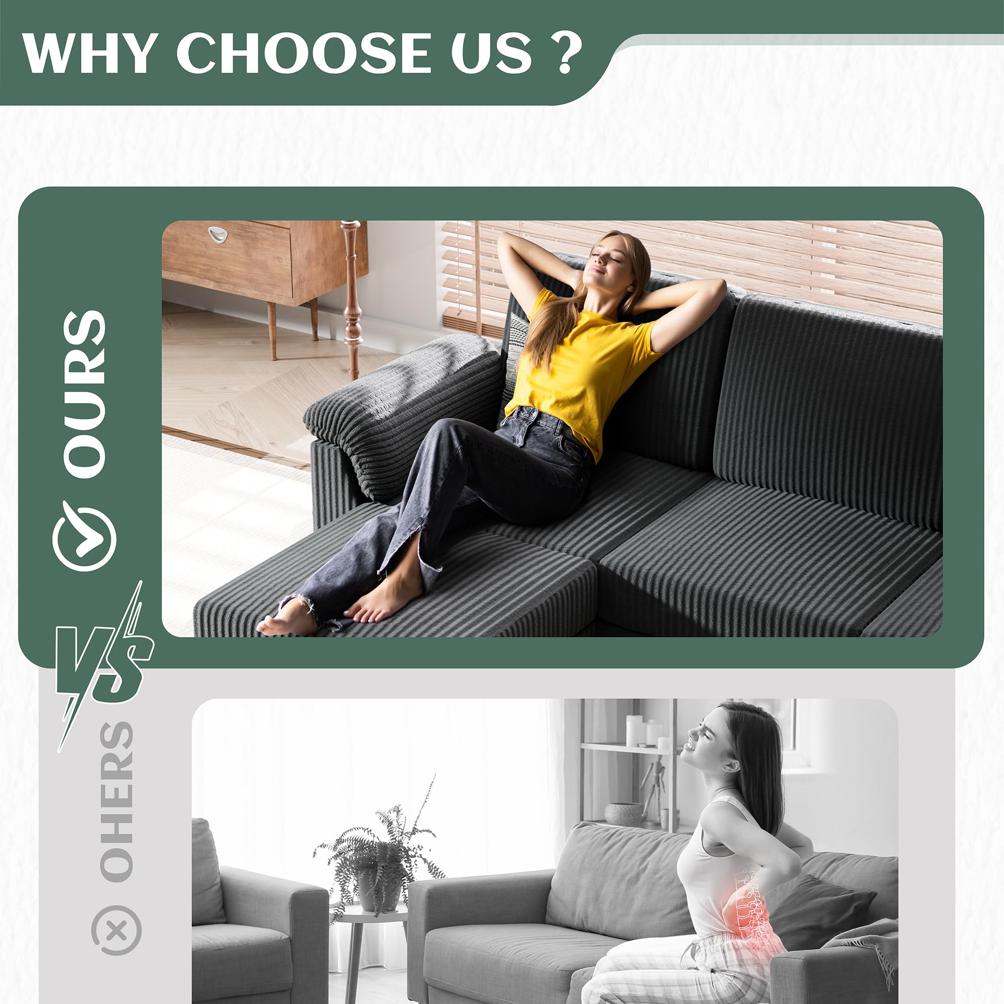 Convertible Sectional Sofa 3-Seat L-Shaped with Removable Pillows