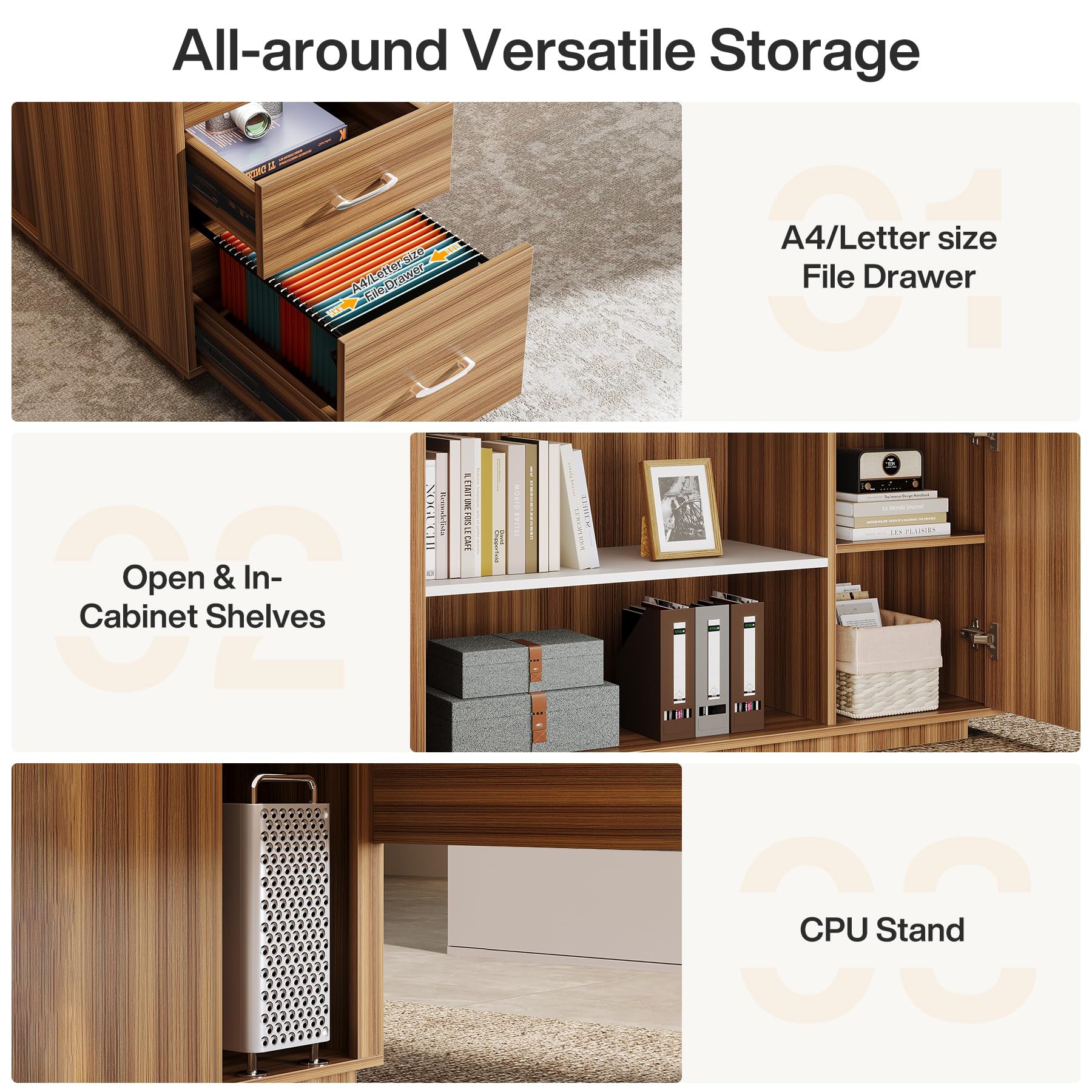 85.8-Inch L-Shaped Executive Desk with File Drawers and Cabinet