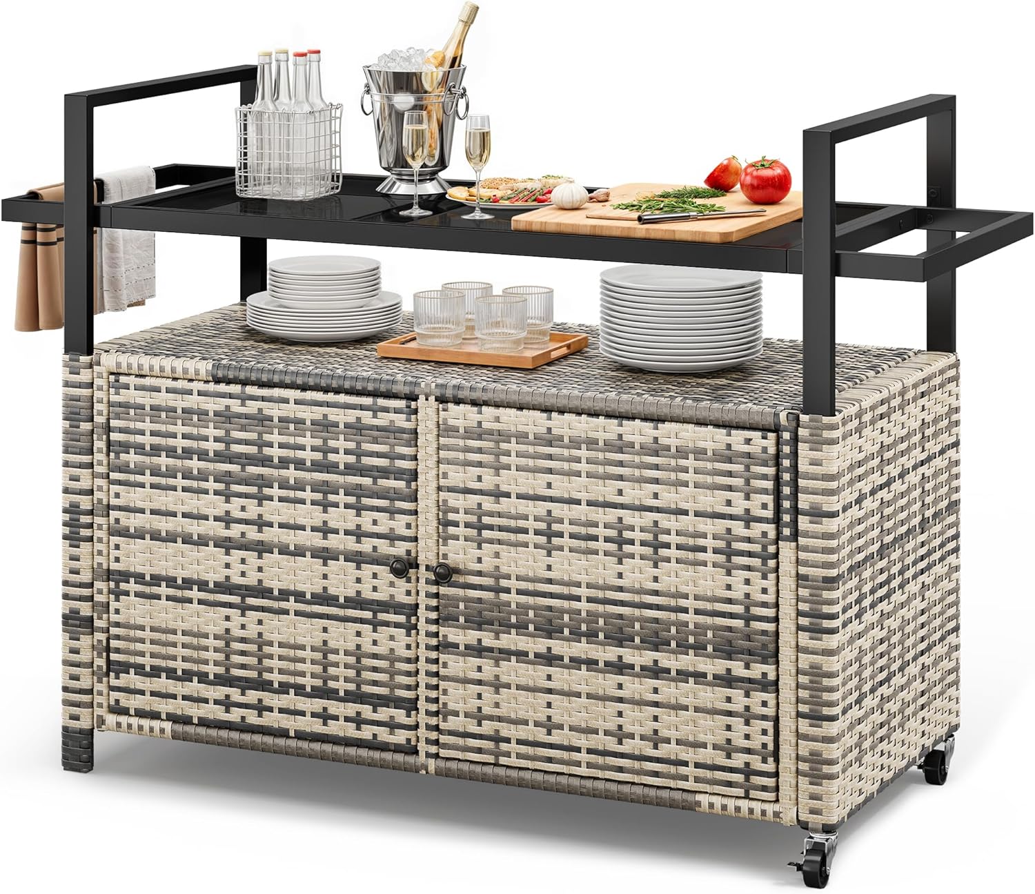 Outdoor Kitchen Wicker Island Rolling Cart with Glass Top