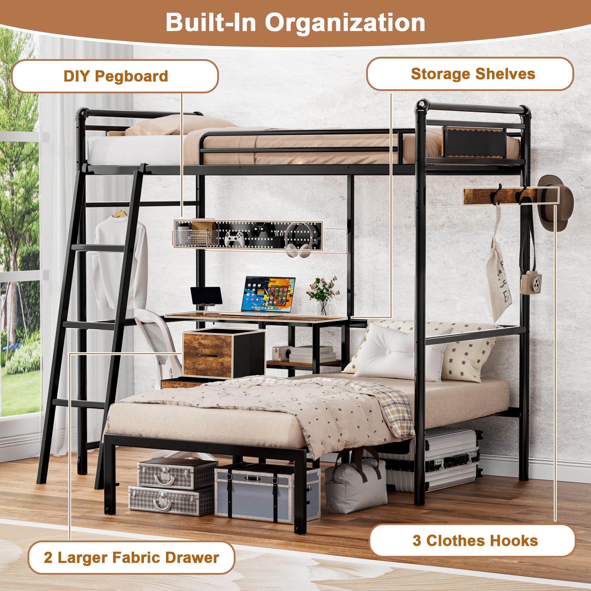 Twin Over Twin Metal Bunk Bed with LED Lights and Charging Station